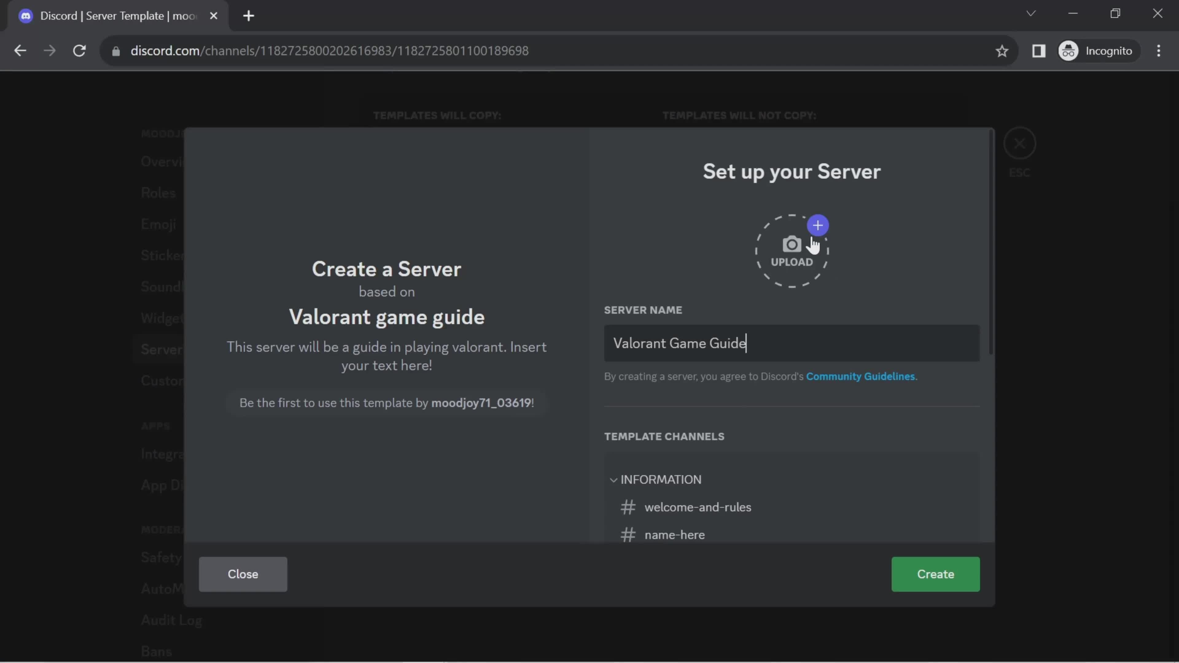 Creating a server template screenshot