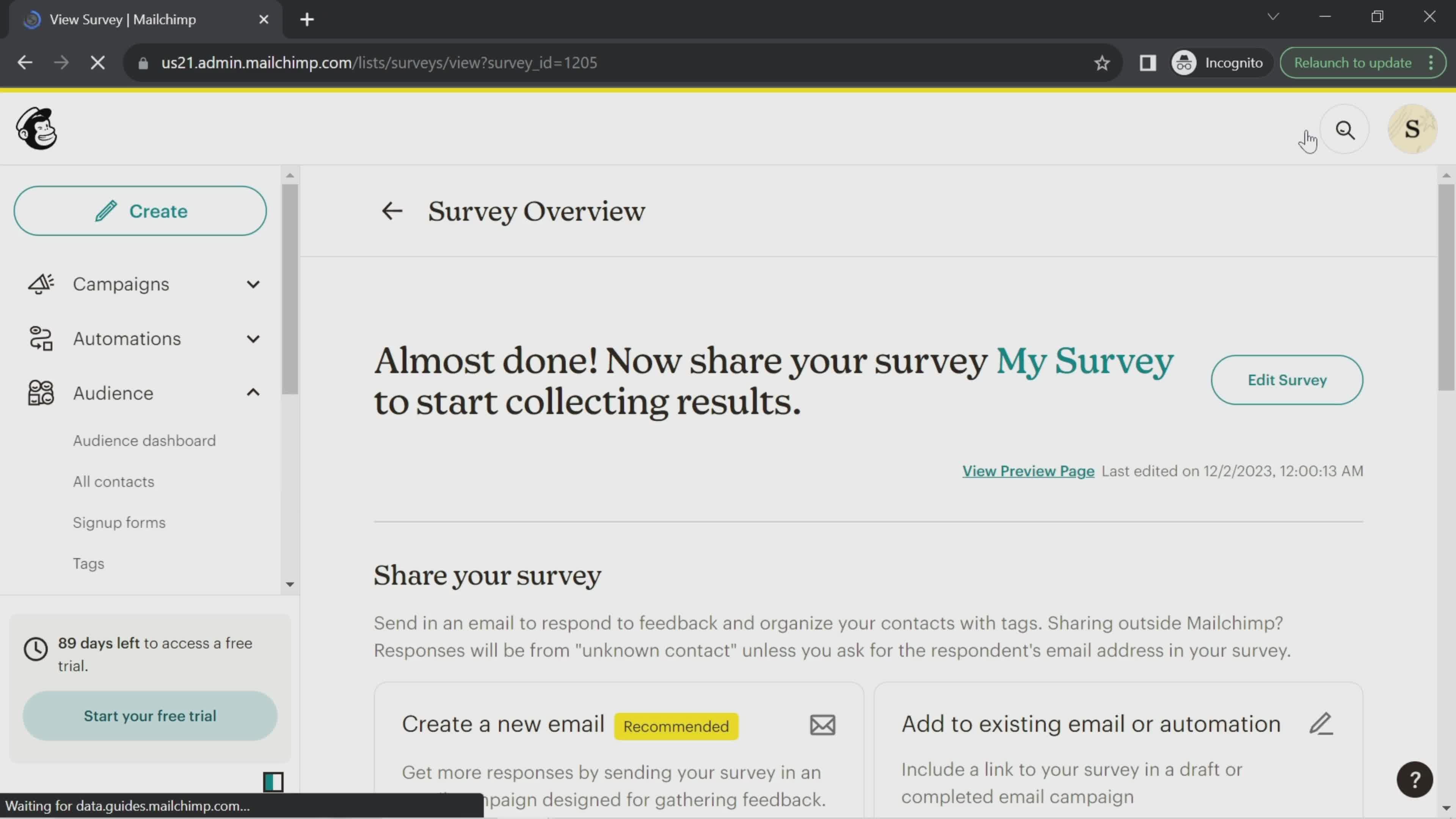 Creating a survey screenshot