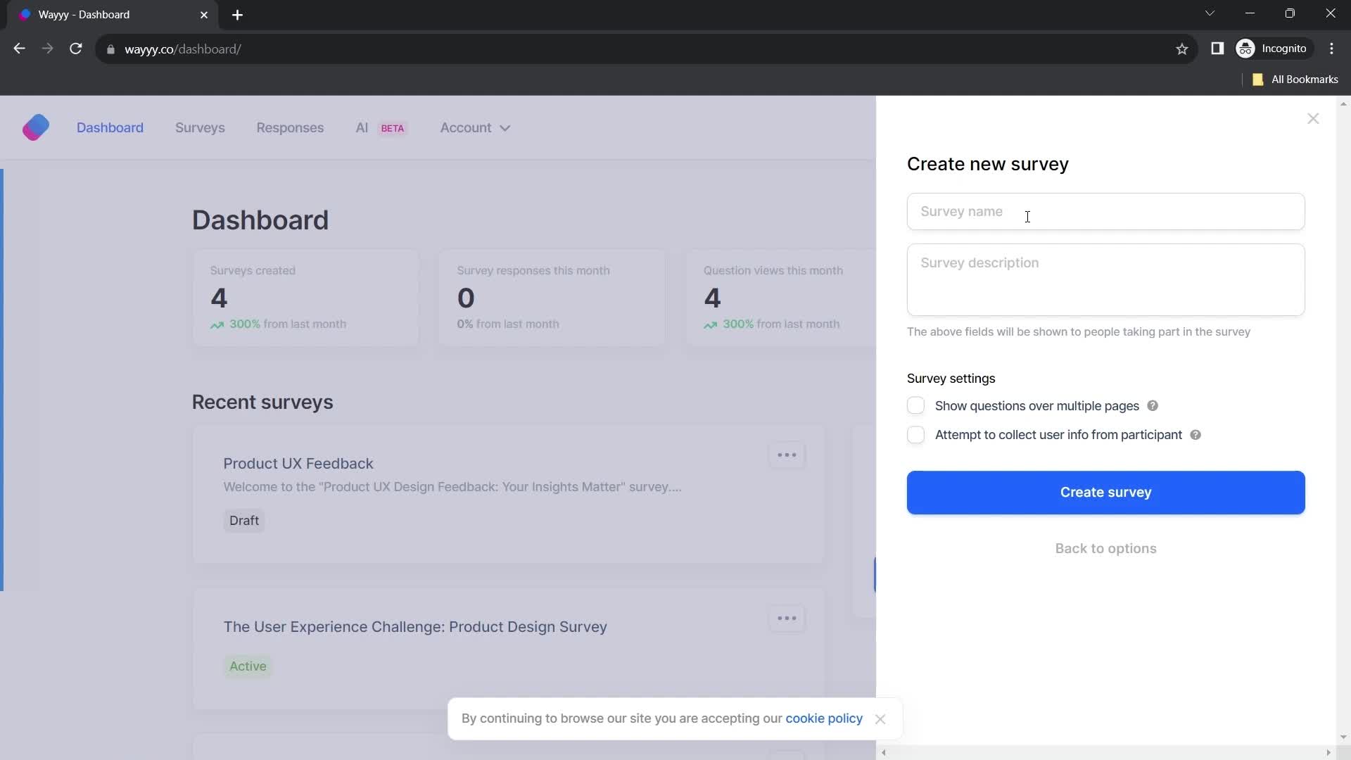 Screenshot of Add survey details on Creating a survey on Wayyy user flow