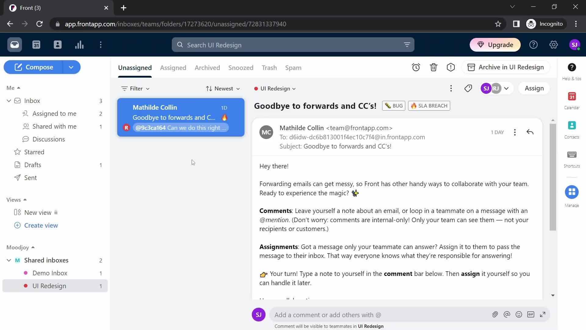 Screenshot of Inbox on Creating a team on Front user flow