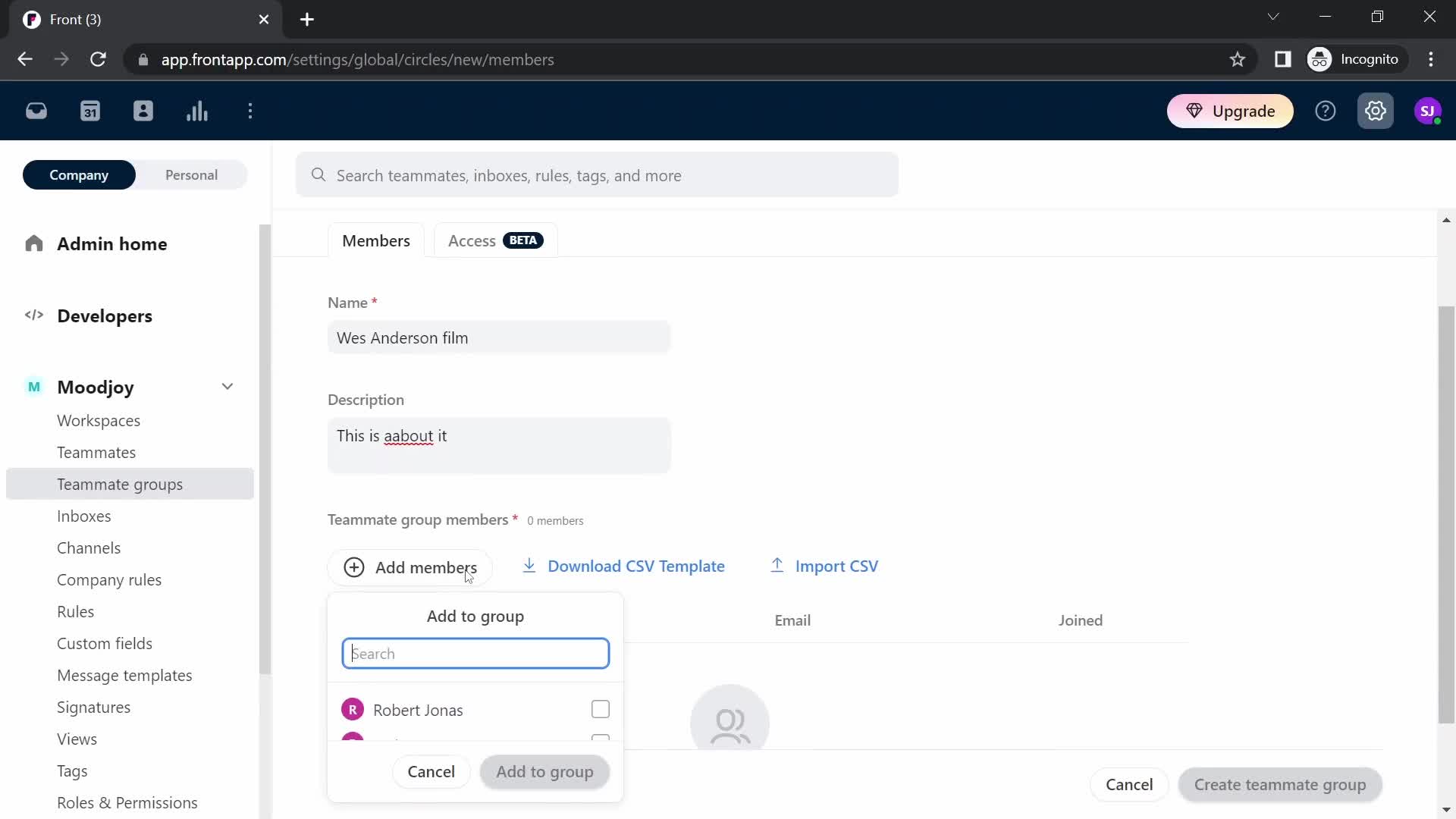 Screenshot of Add members on Creating a team on Front user flow