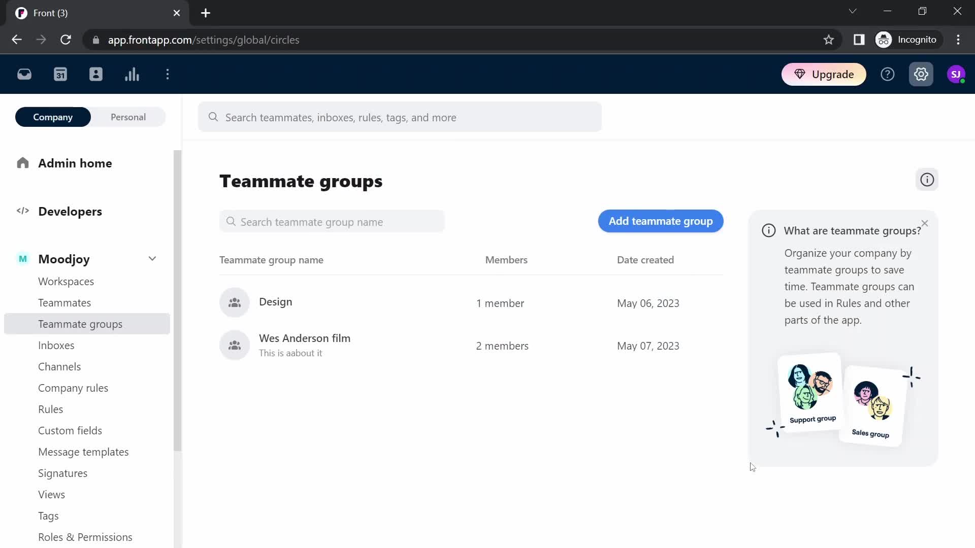 Screenshot of Team created on Creating a team on Front user flow