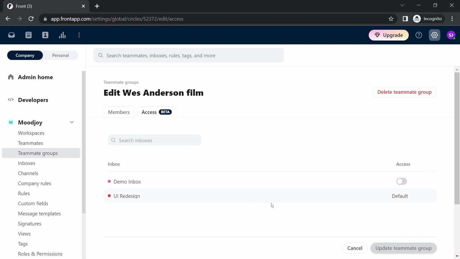 Screenshot of Set access permissions on Creating a team on Front user flow