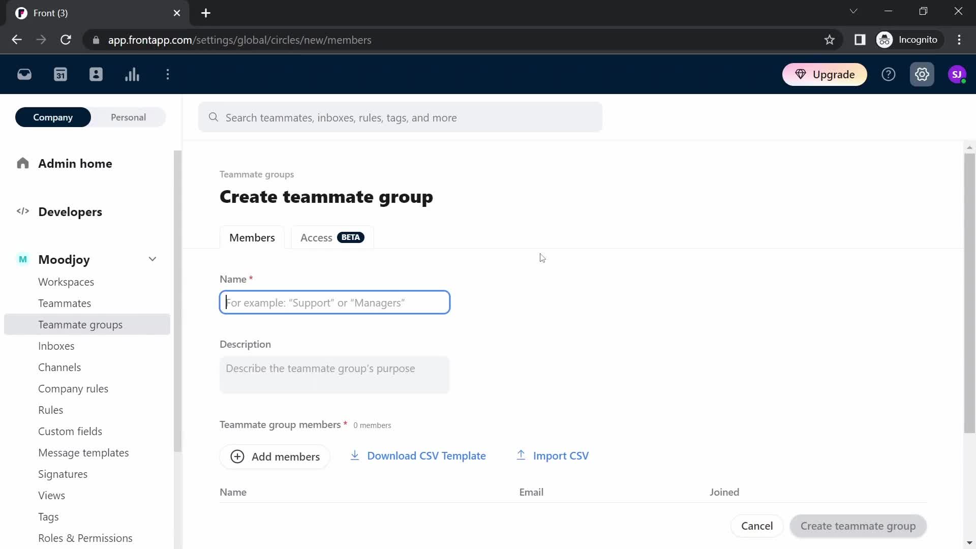 Screenshot of Create team on Creating a team on Front user flow