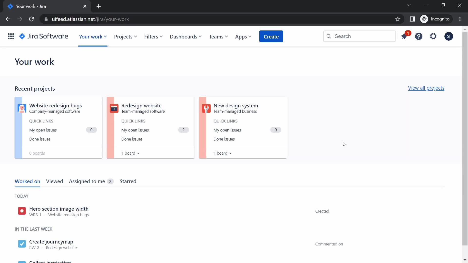 Screenshot of Dashboard on Creating a team on Jira user flow