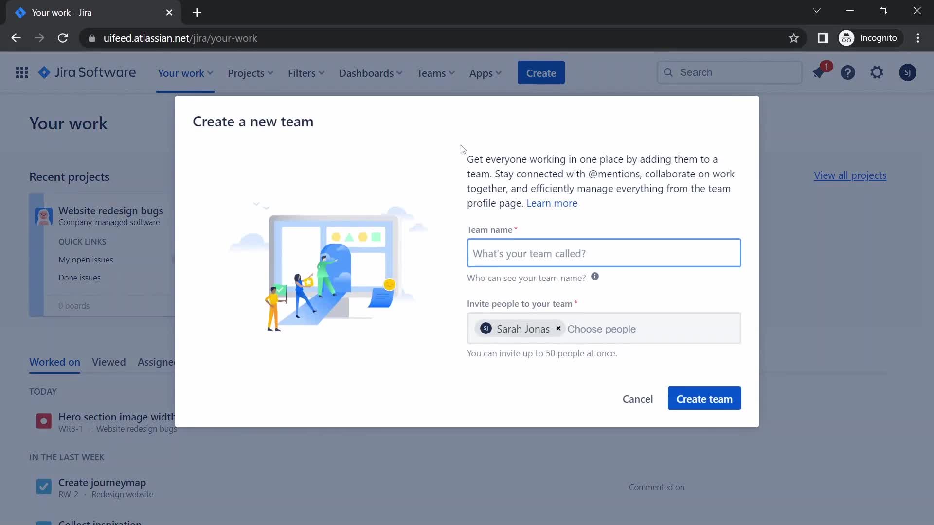 Screenshot of Create team on Creating a team on Jira user flow