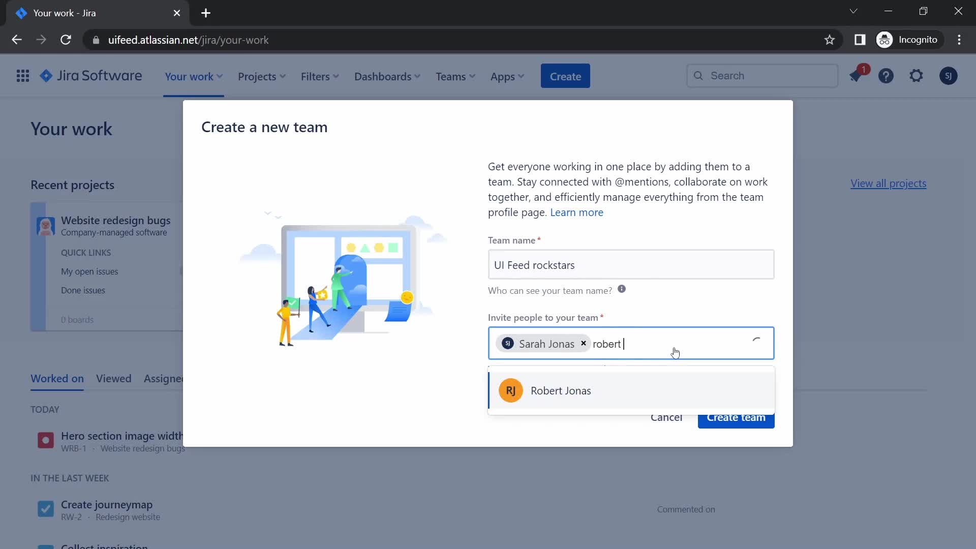 Screenshot of Add teammate on Creating a team on Jira user flow
