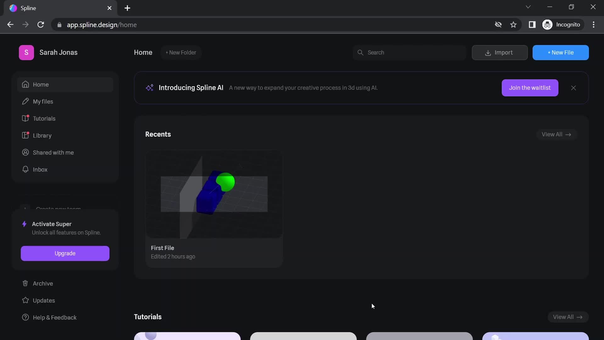 Screenshot of Home on Creating a team on Spline user flow