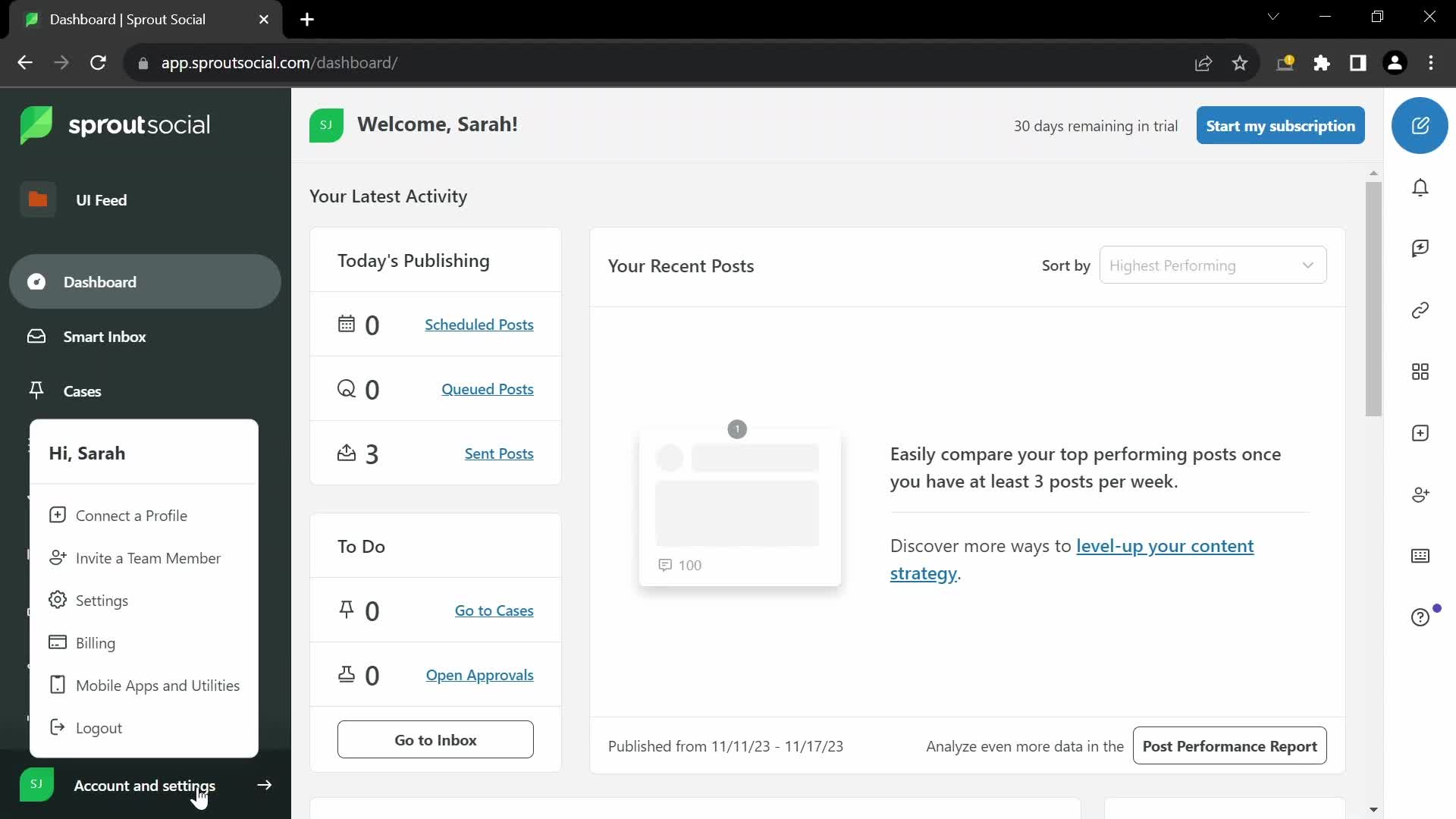 Screenshot of Account menu on Creating a team on Sprout Social user flow