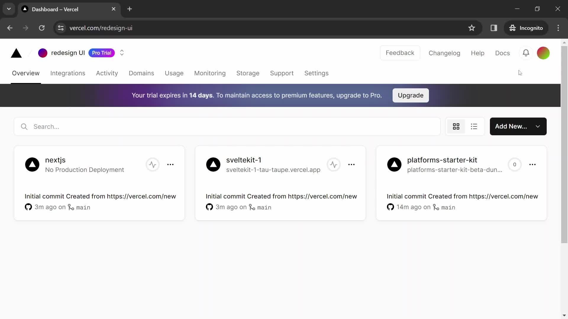 Screenshot of Dashboard on Creating a team on Vercel user flow