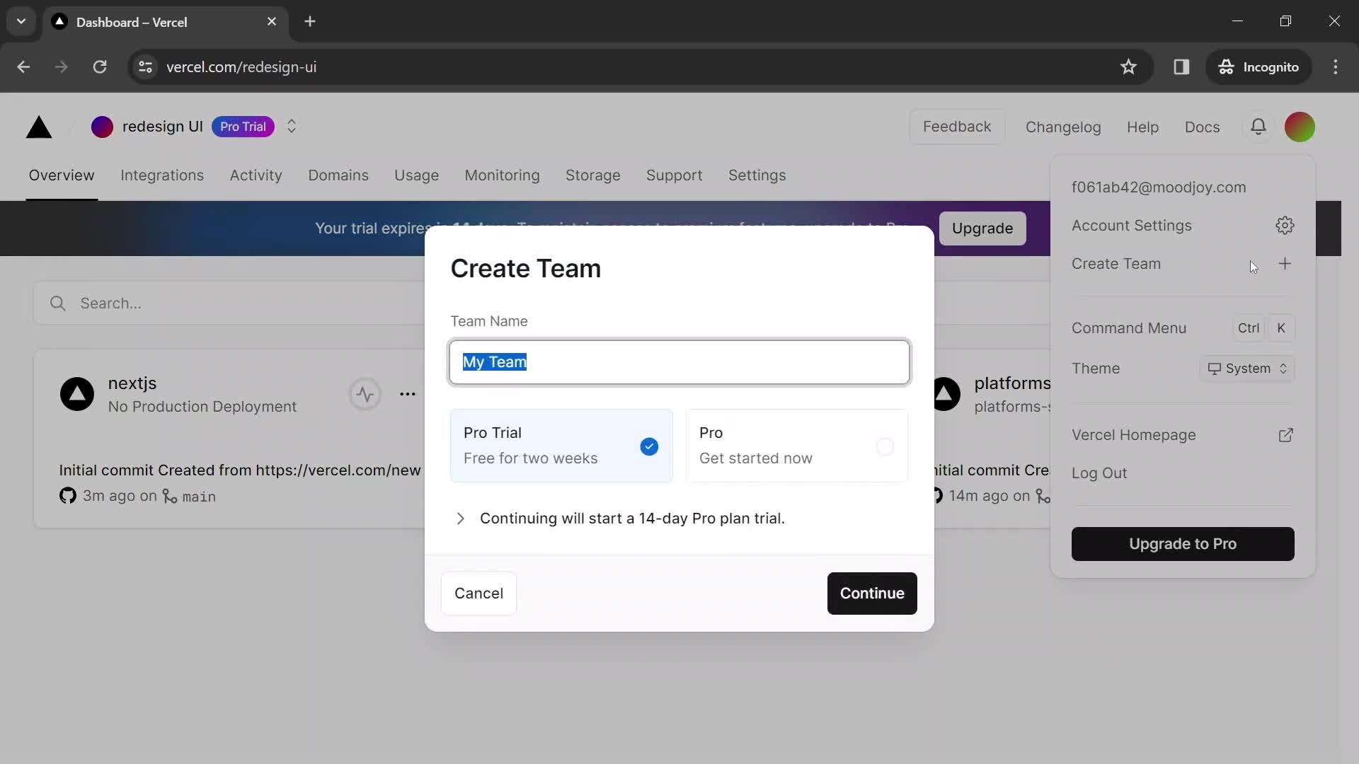 Screenshot of Create team on Creating a team on Vercel user flow
