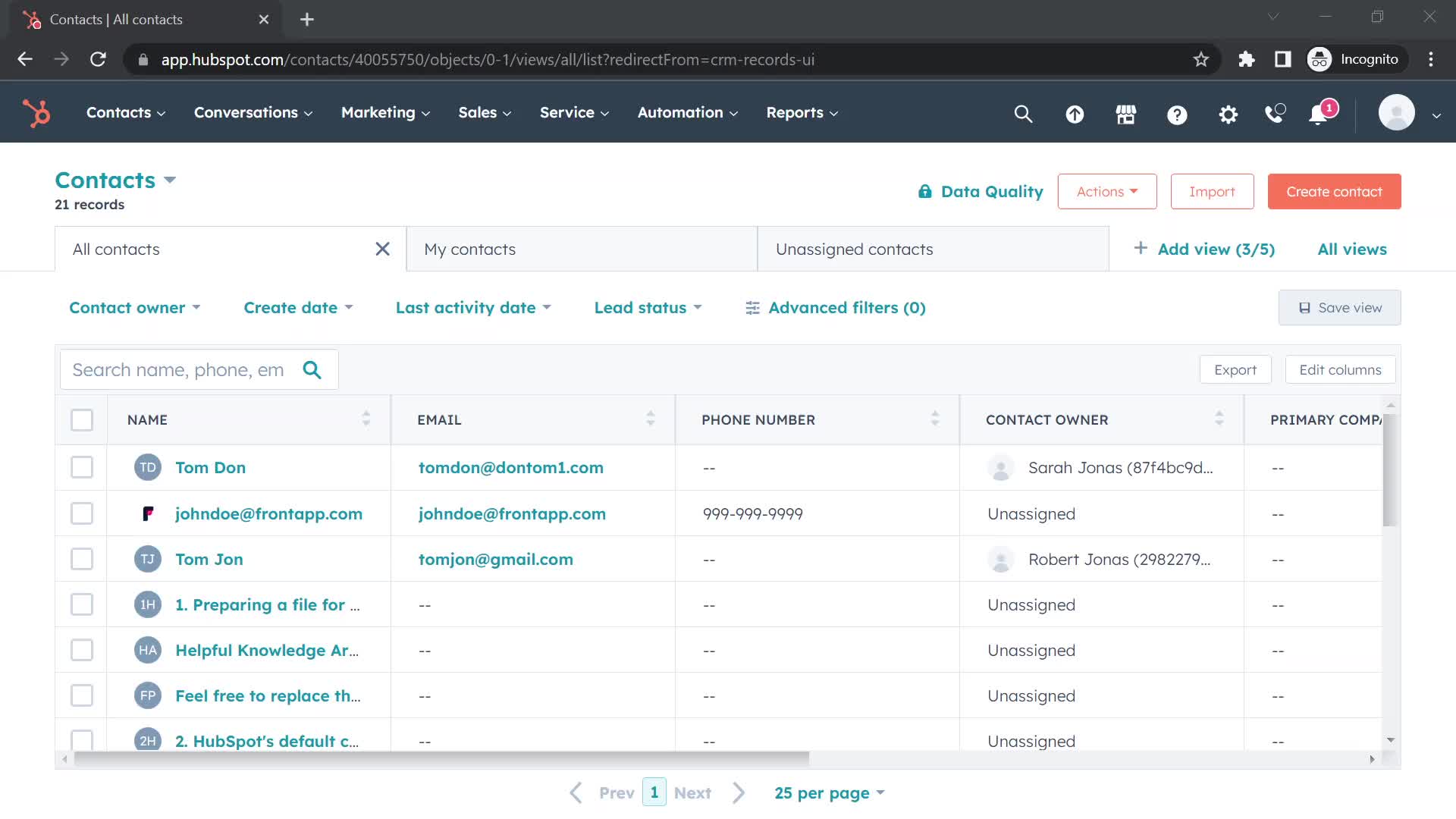 Screenshot of Contacts on Creating a template on HubSpot CRM user flow