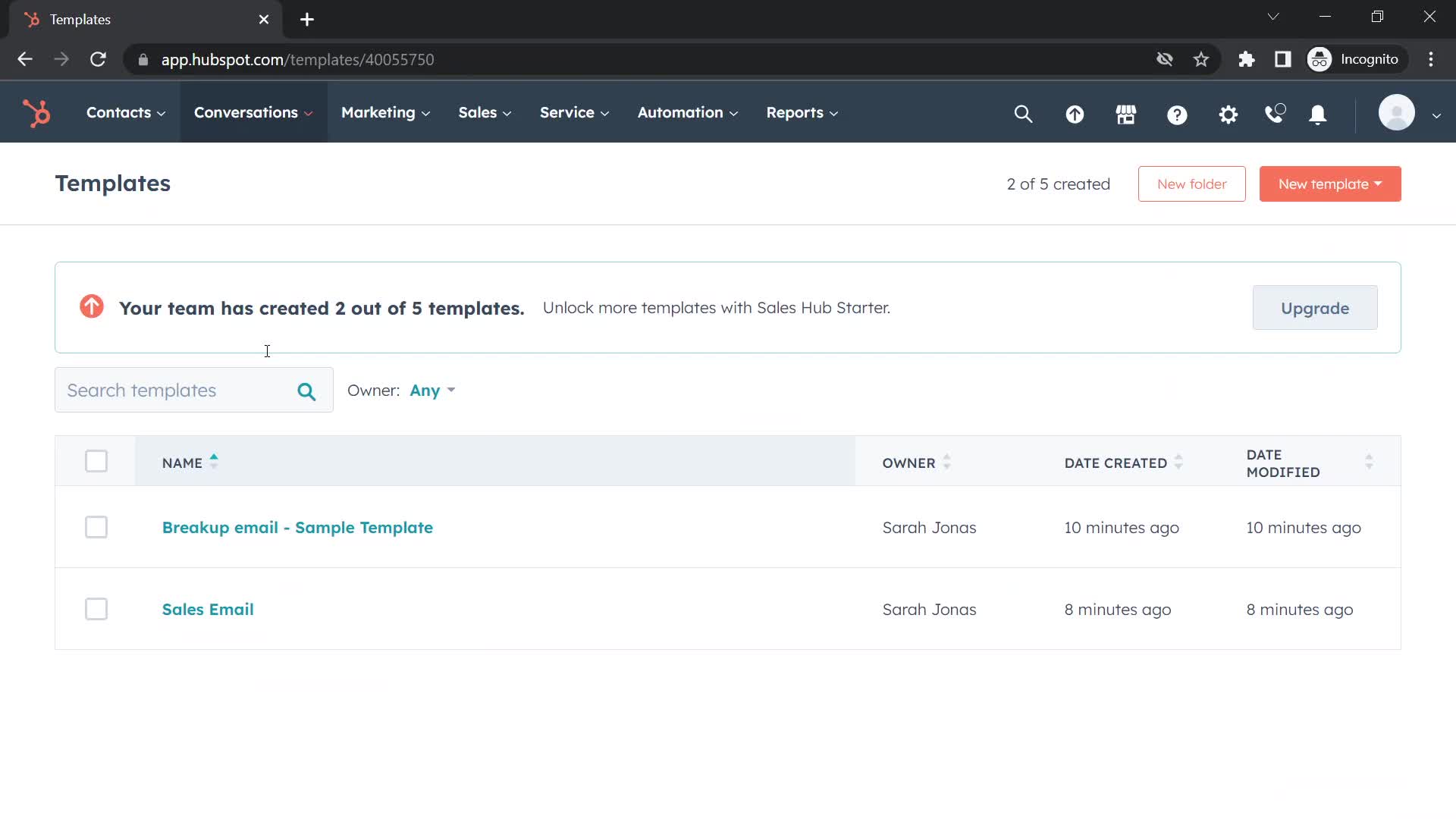 Screenshot of Templates on Creating a template on HubSpot CRM user flow