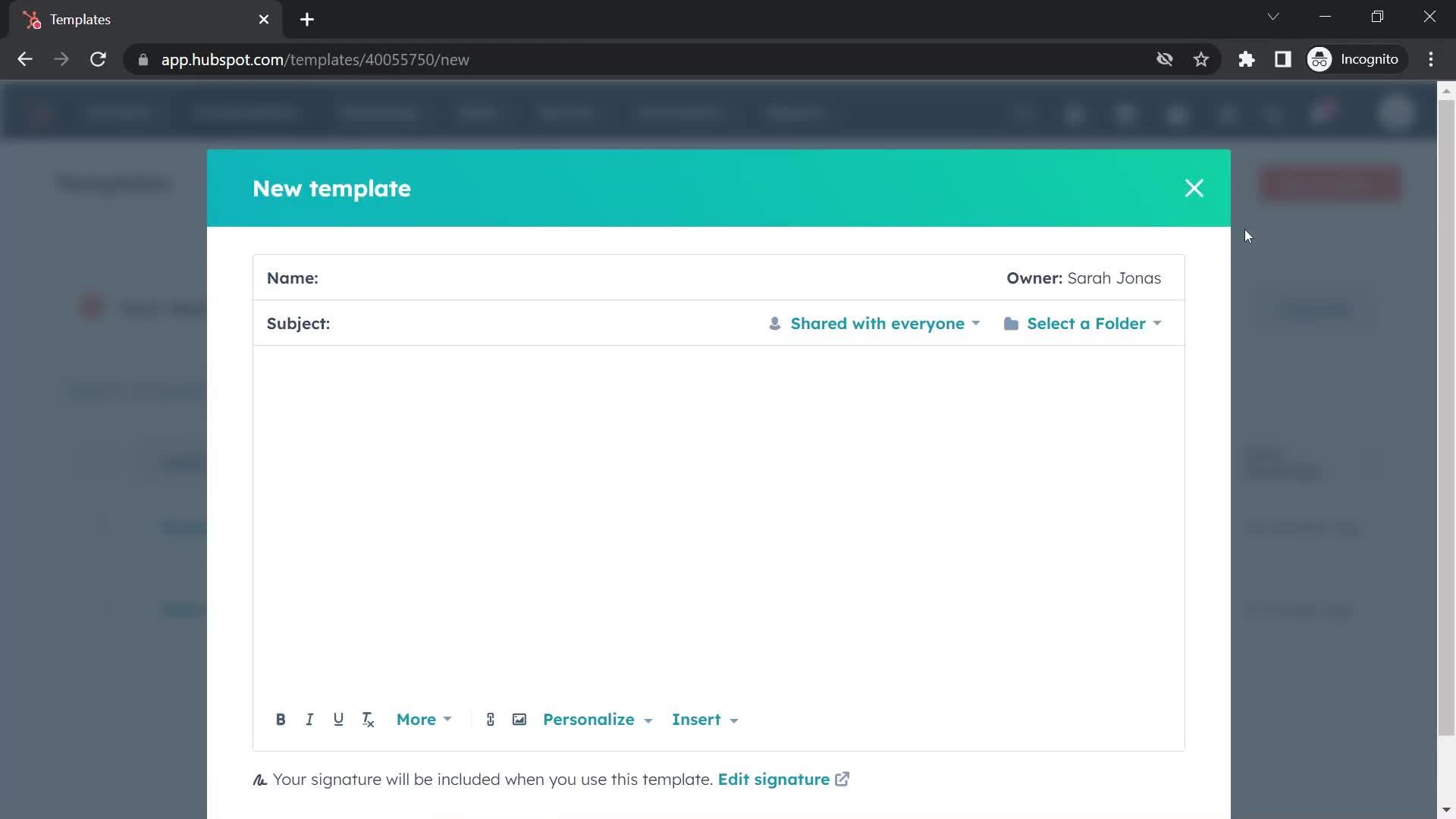 Screenshot of Create template on Creating a template on HubSpot CRM user flow