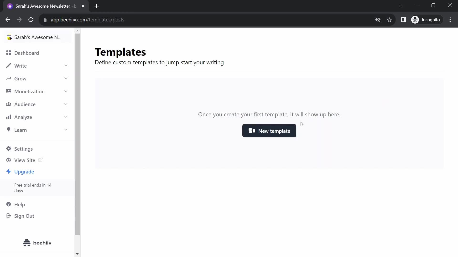 Screenshot of Templates on Creating a template on Beehiiv user flow