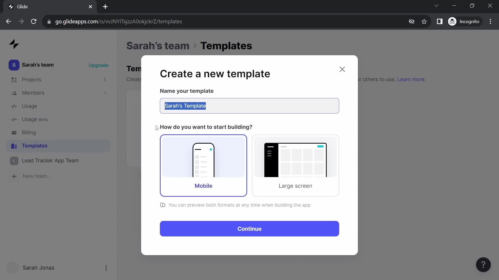 Screenshot of Create template on Creating a template on Glide user flow