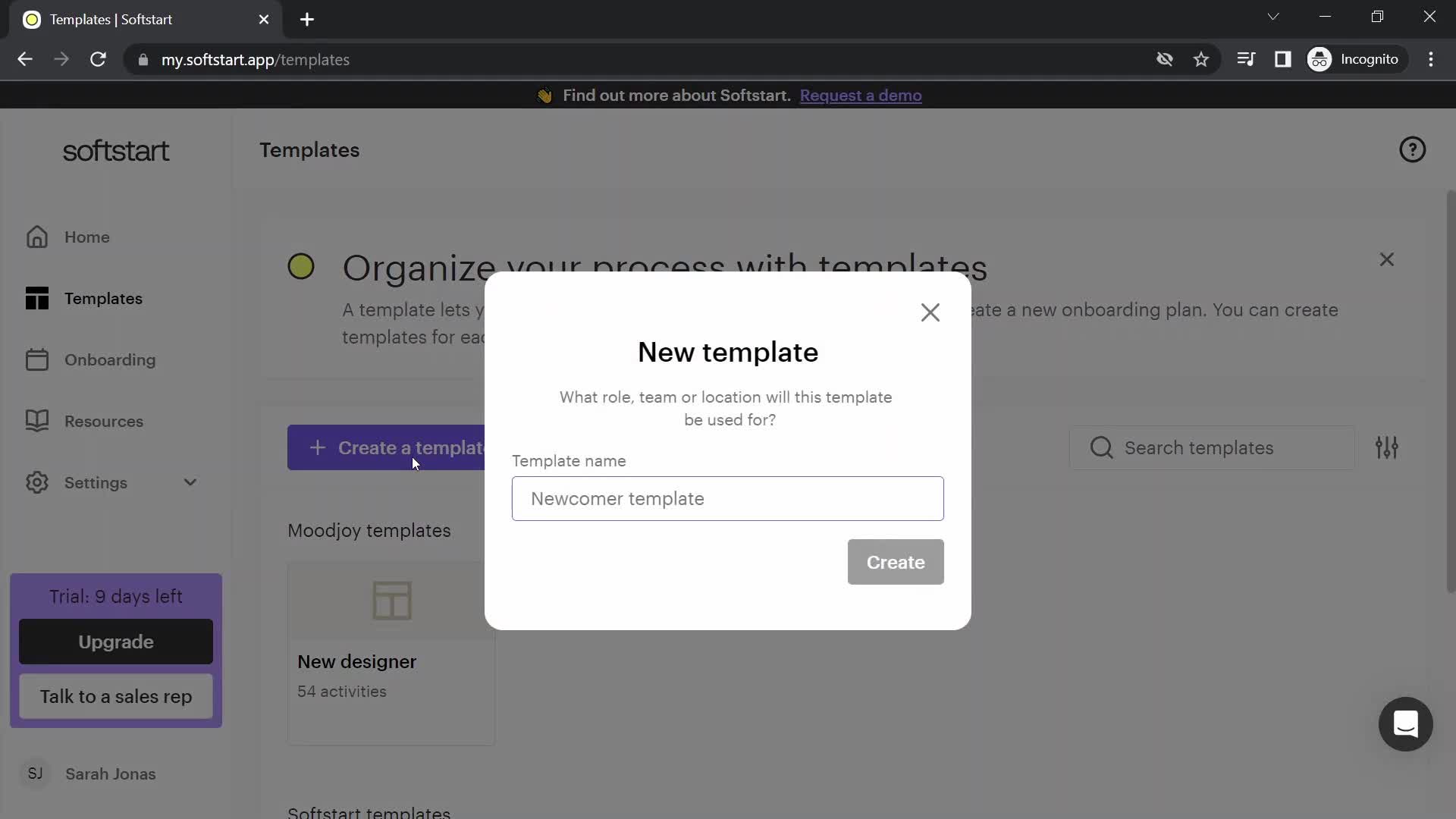 Screenshot of Create template on Creating a template on Softstart user flow