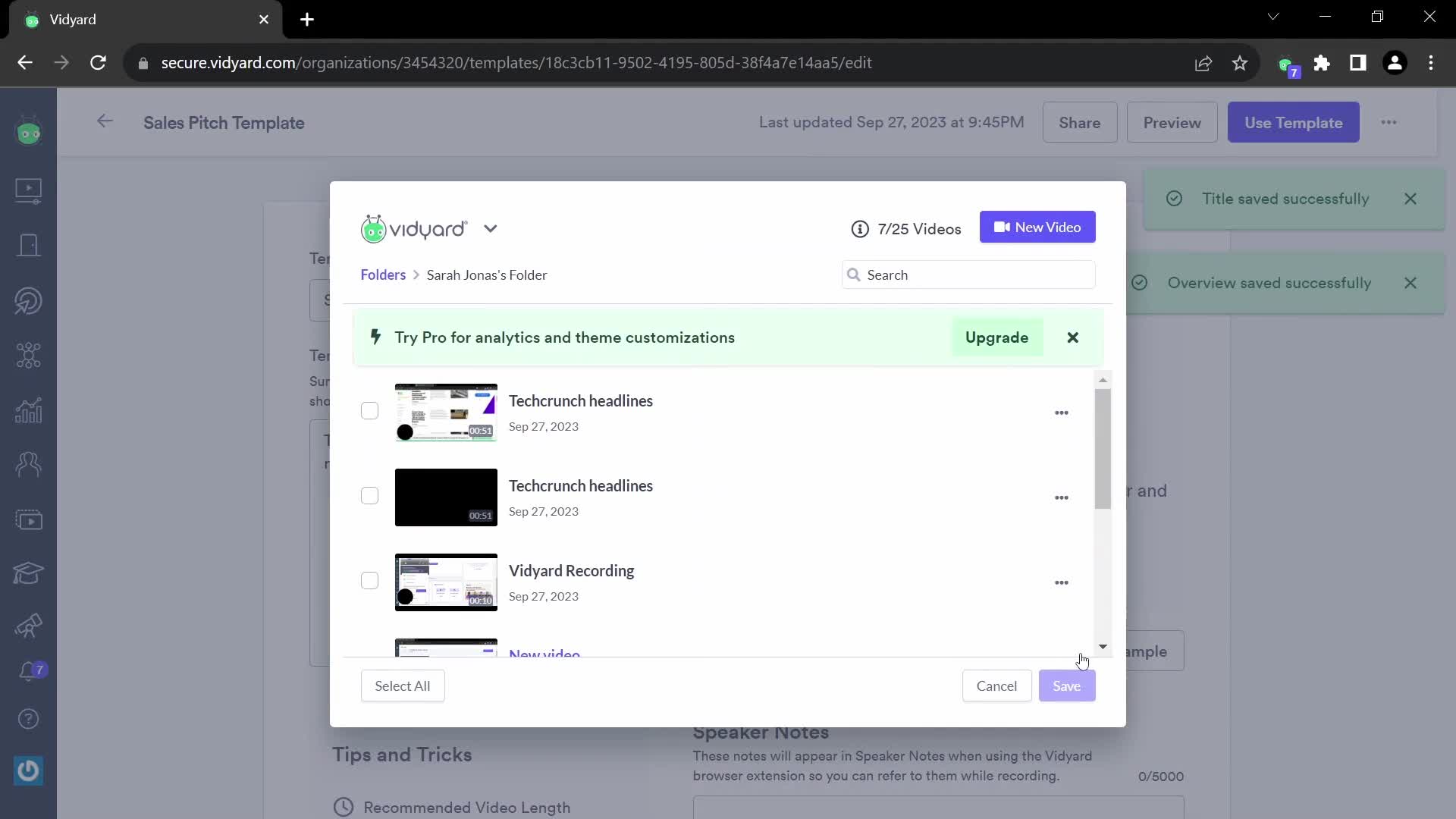 Screenshot of Add video on Creating a template on Vidyard user flow