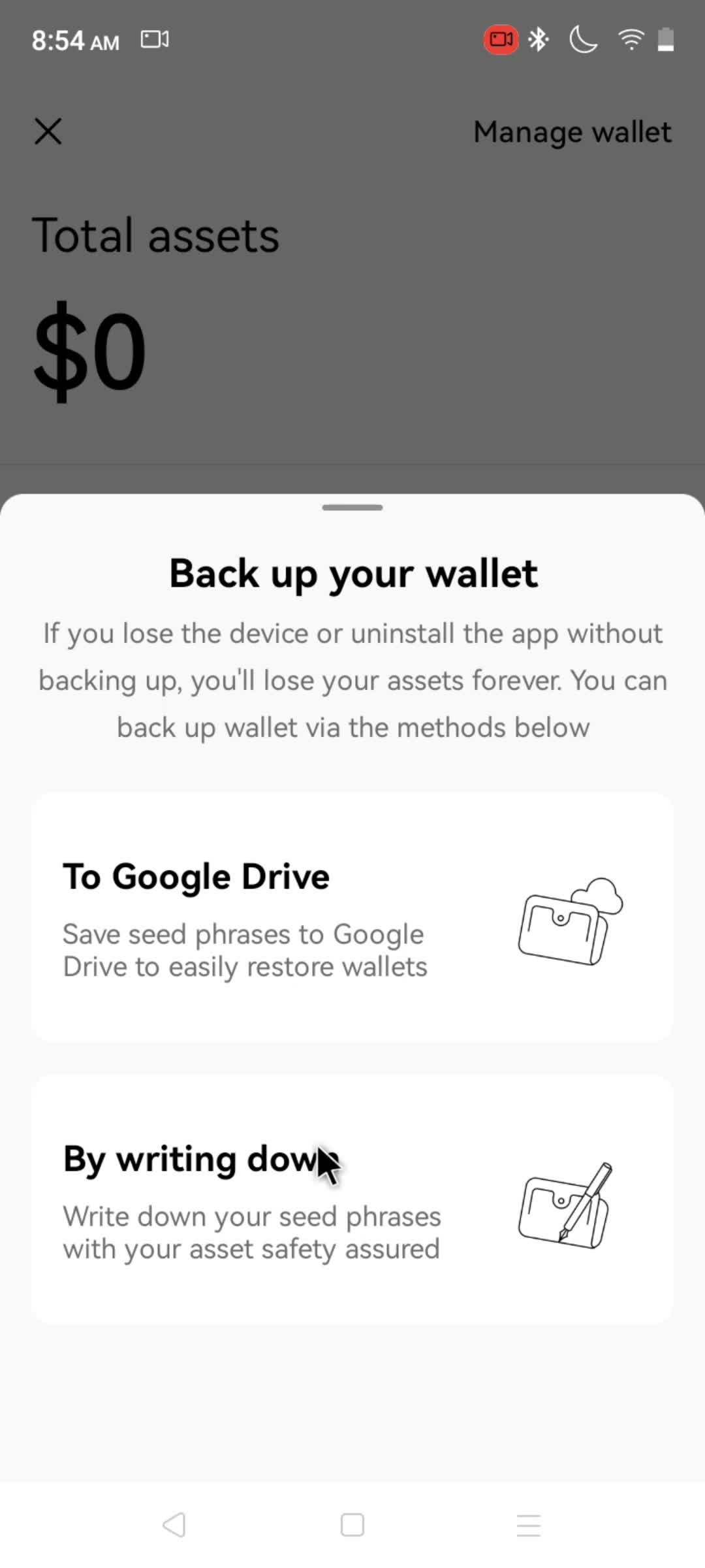 Creating a wallet screenshot