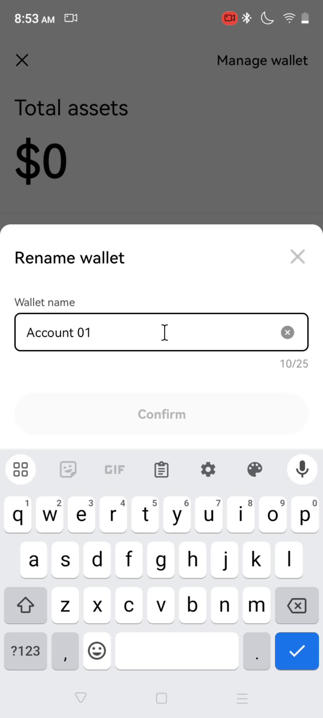 Creating a wallet screenshot