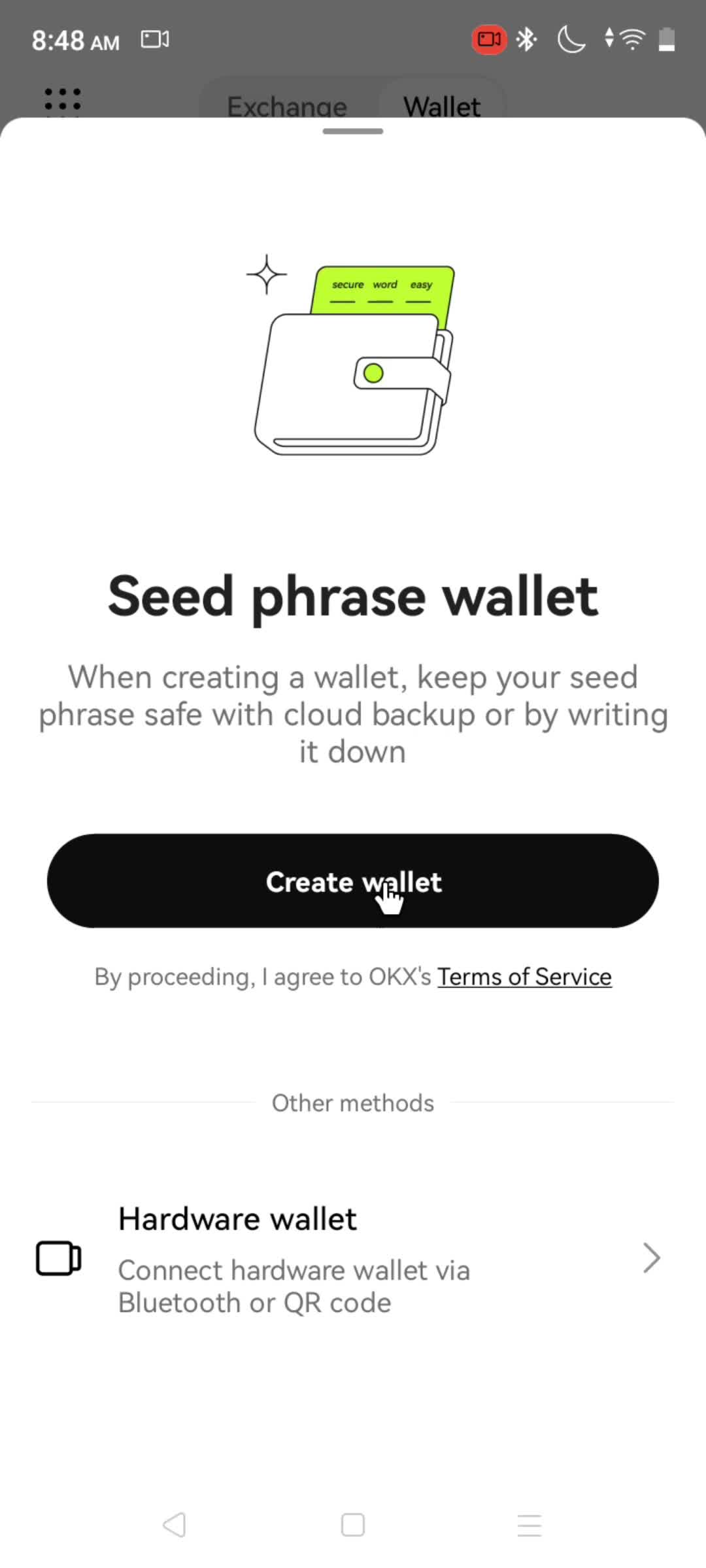 Creating a wallet screenshot