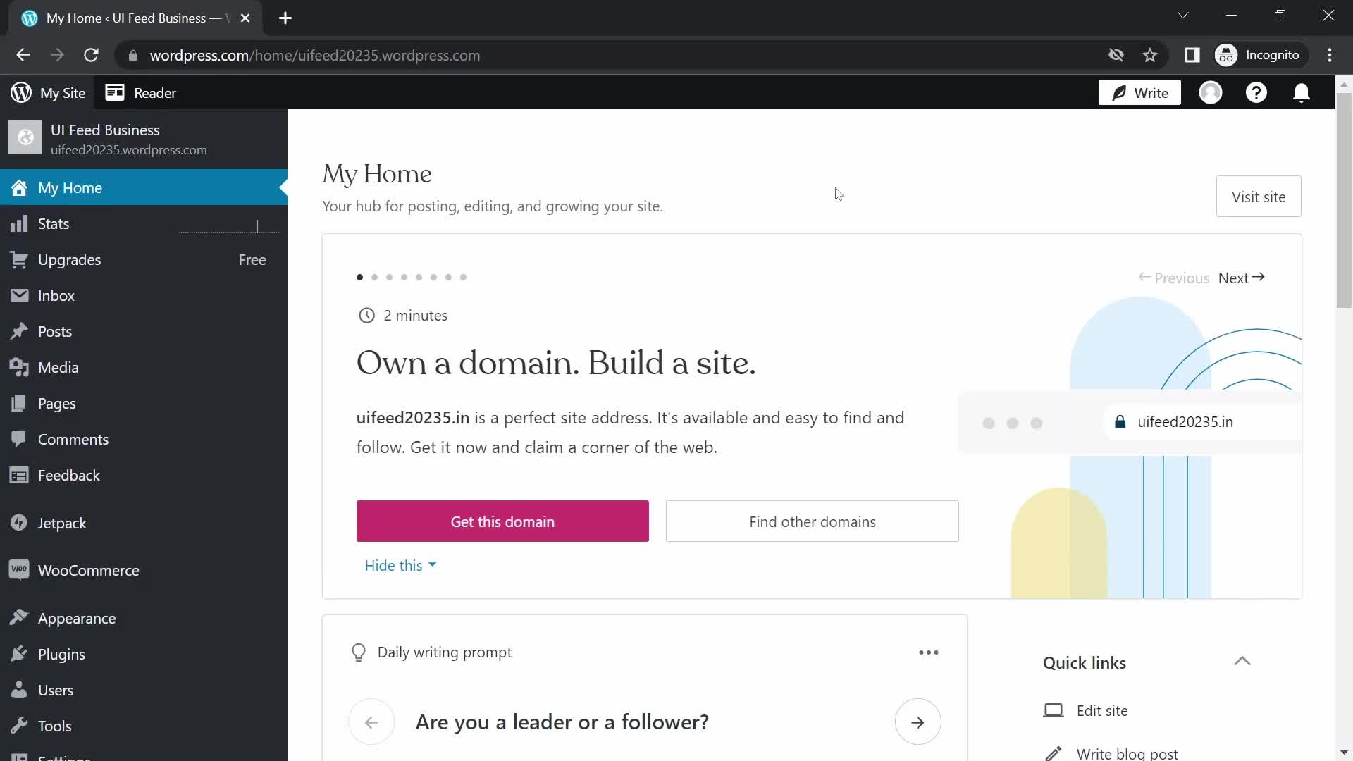 Screenshot of Dashboard on Creating a website on WordPress user flow