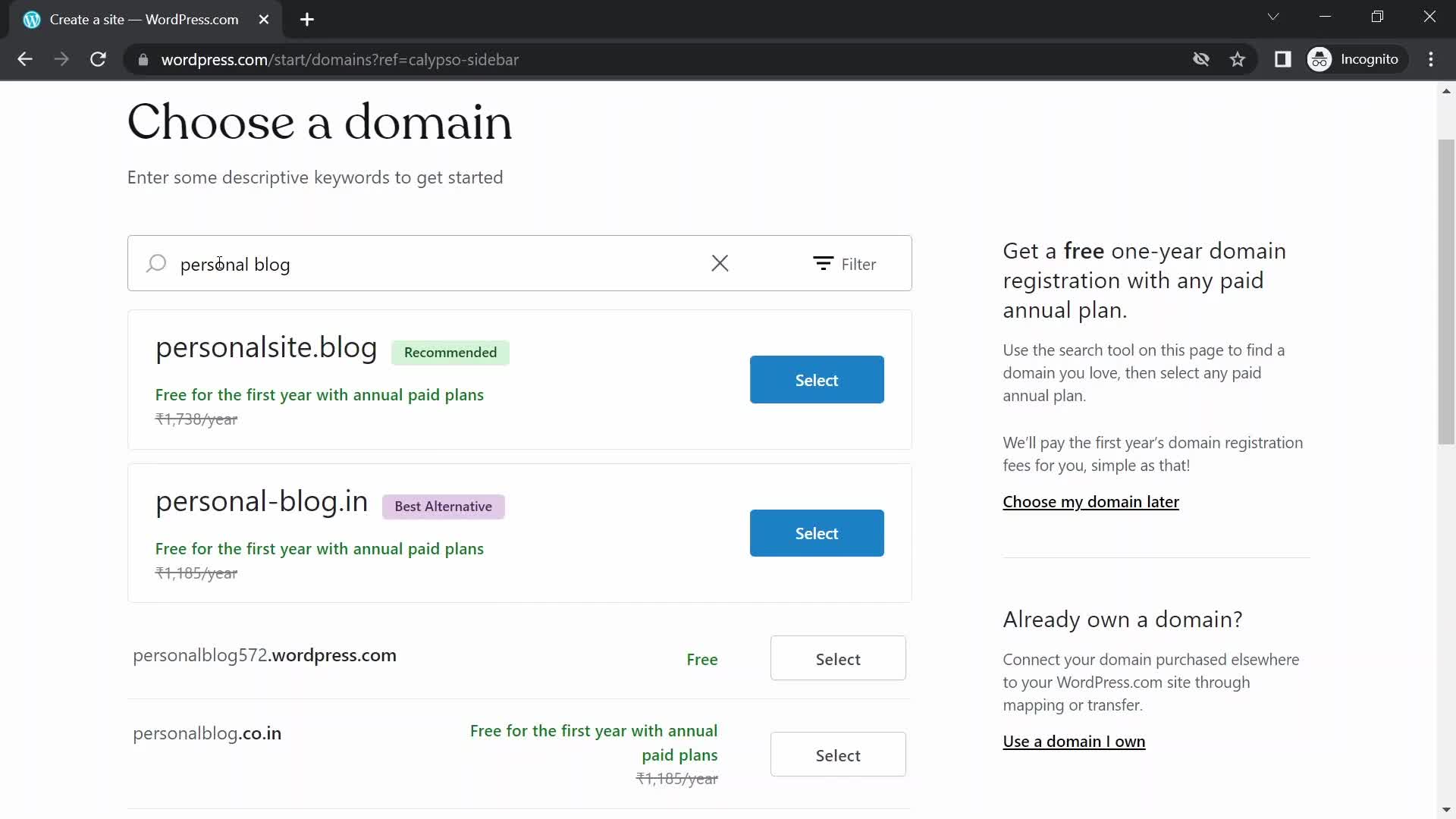 Screenshot of Select domain on Creating a website on WordPress user flow