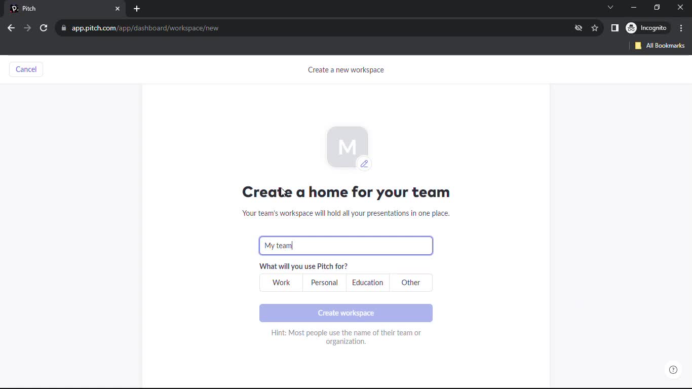 Screenshot of Create workspace on Creating a workspace on Pitch user flow