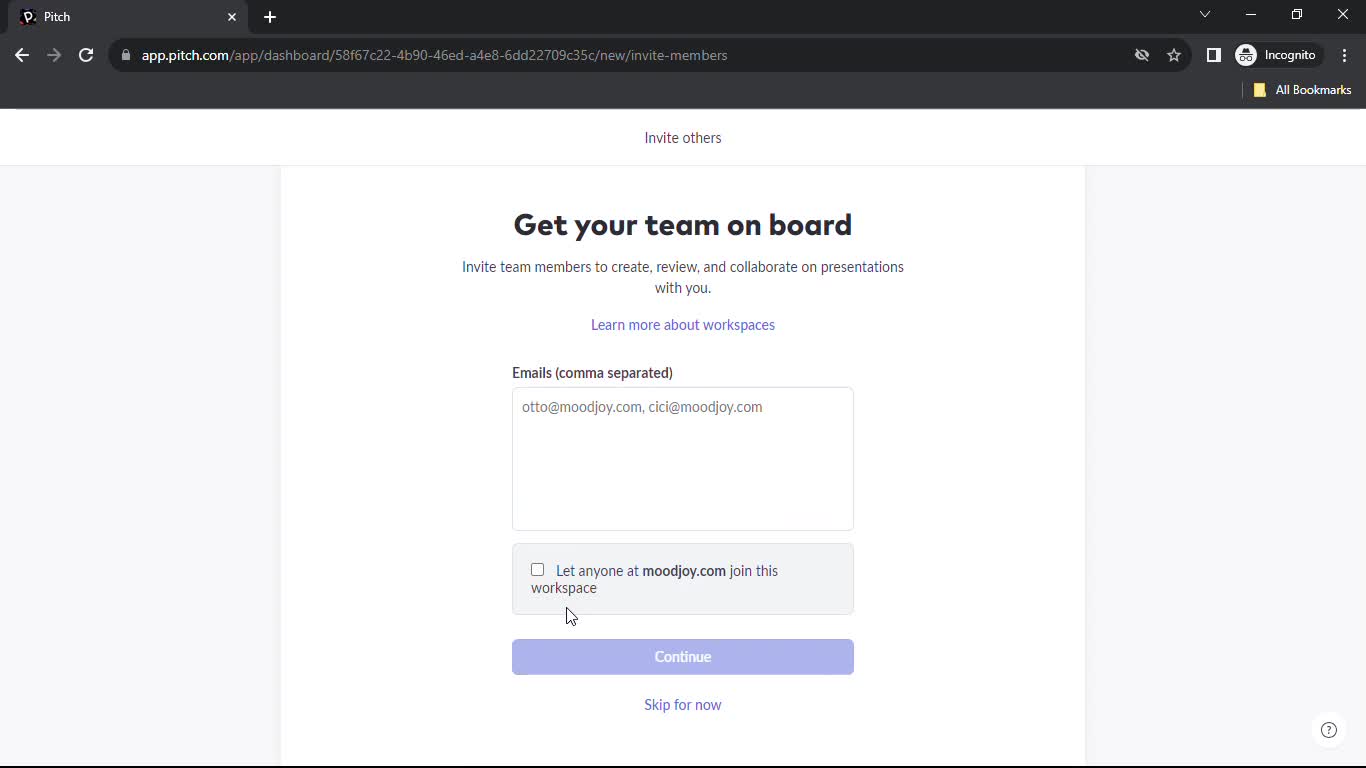 Screenshot of Invite people on Creating a workspace on Pitch user flow