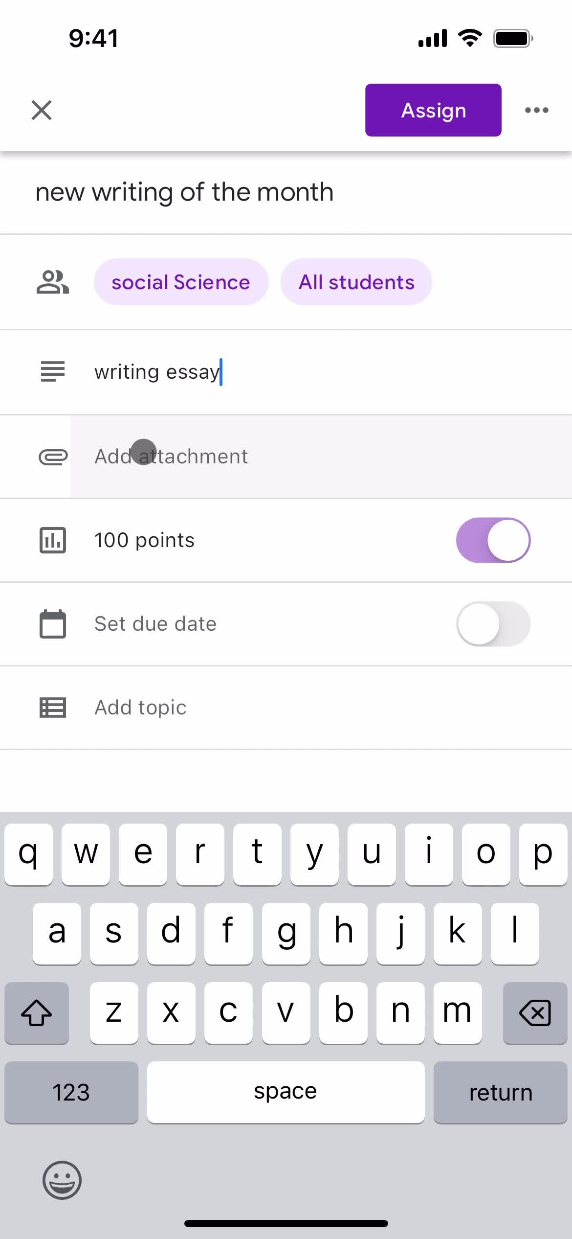 Creating an assignment screenshot