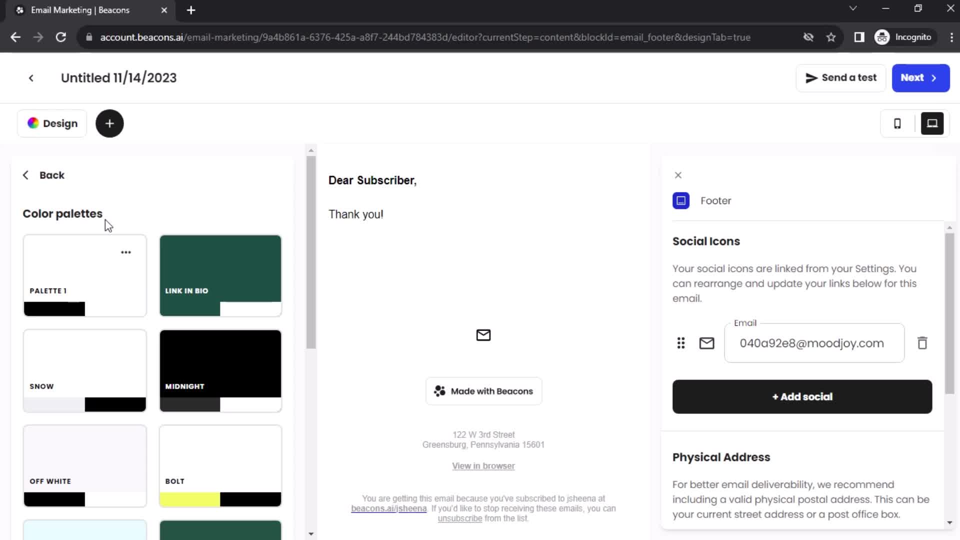 Creating an email campaign screenshot