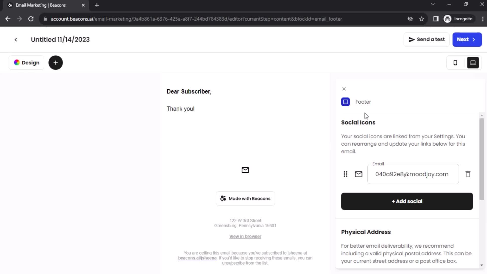 Creating an email campaign screenshot