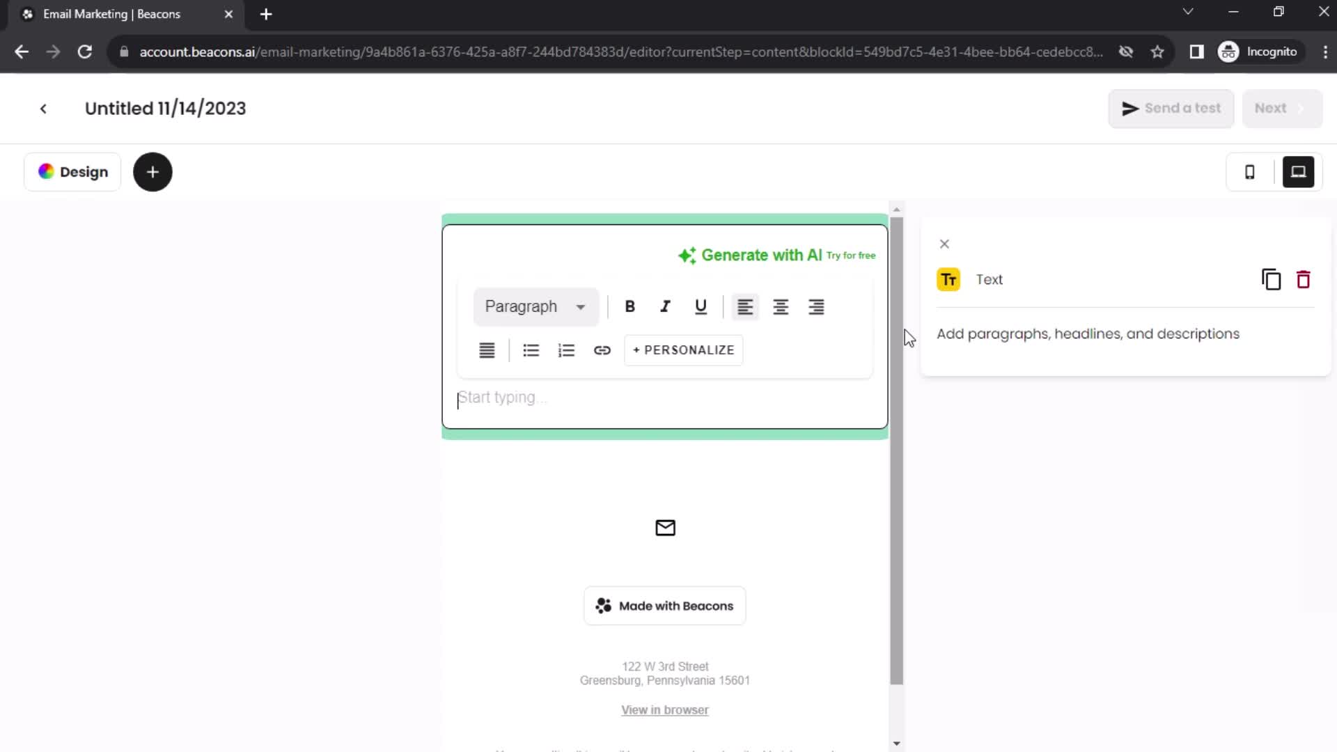 Creating an email campaign screenshot