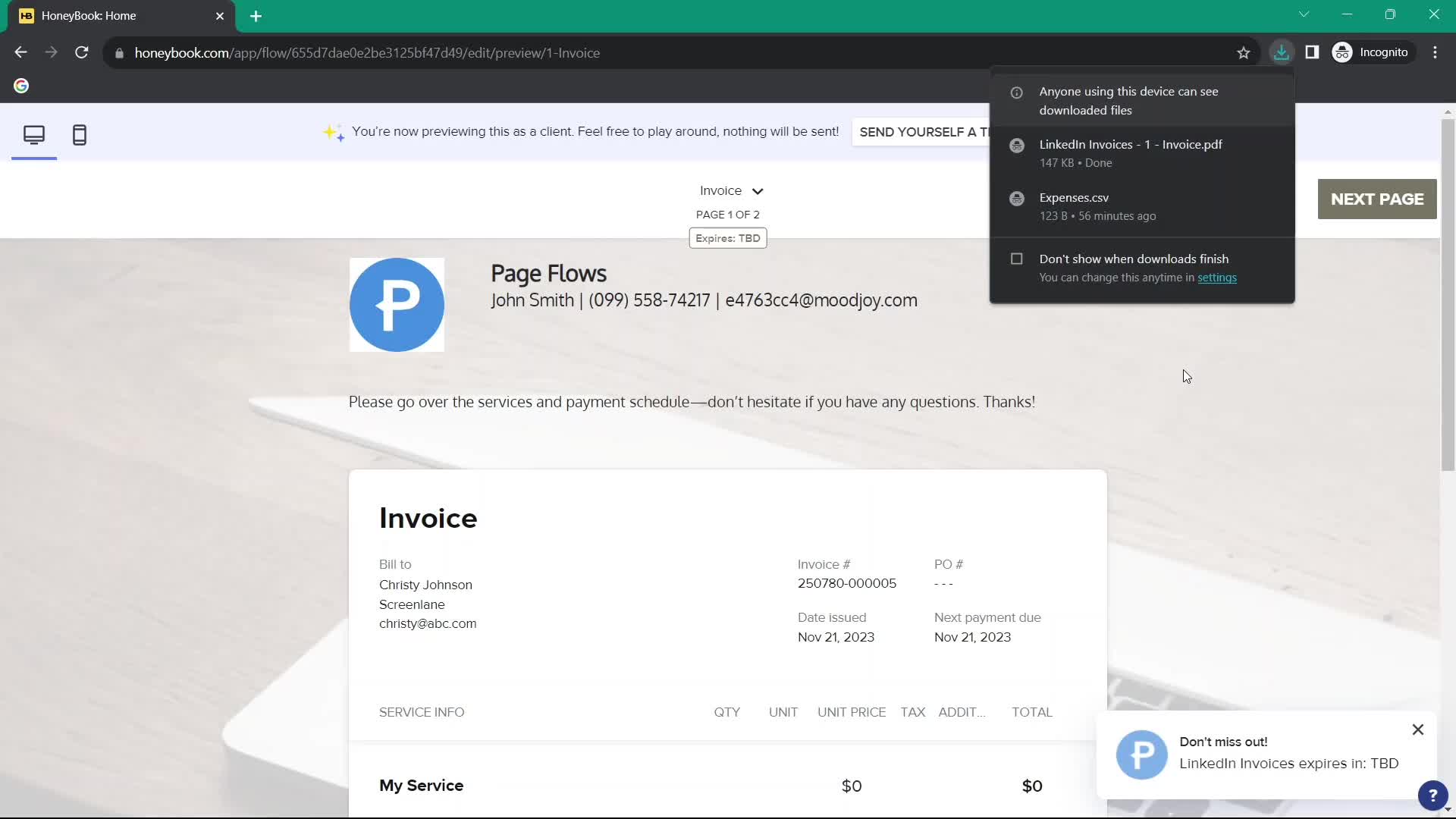 Creating an invoice screenshot