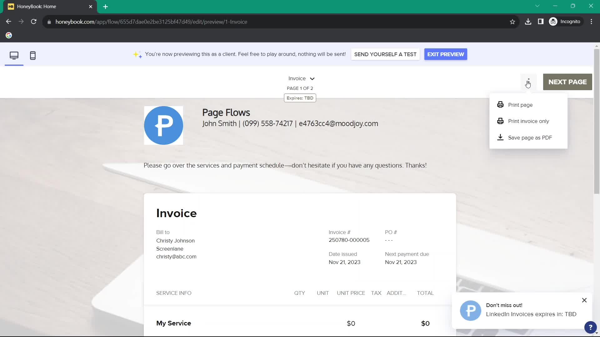 Creating an invoice screenshot