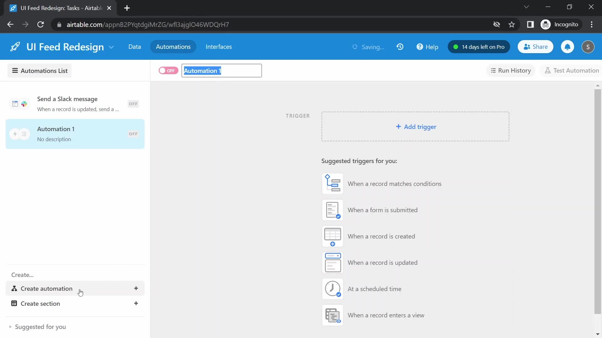 Creating an automation workflow screenshot