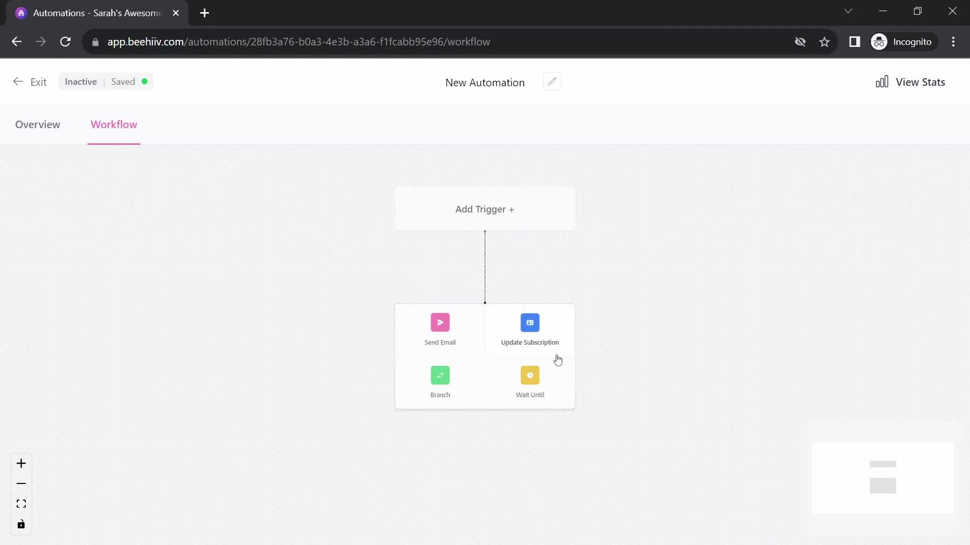 Screenshot of Create automation on Creating an automation workflow on Beehiiv user flow