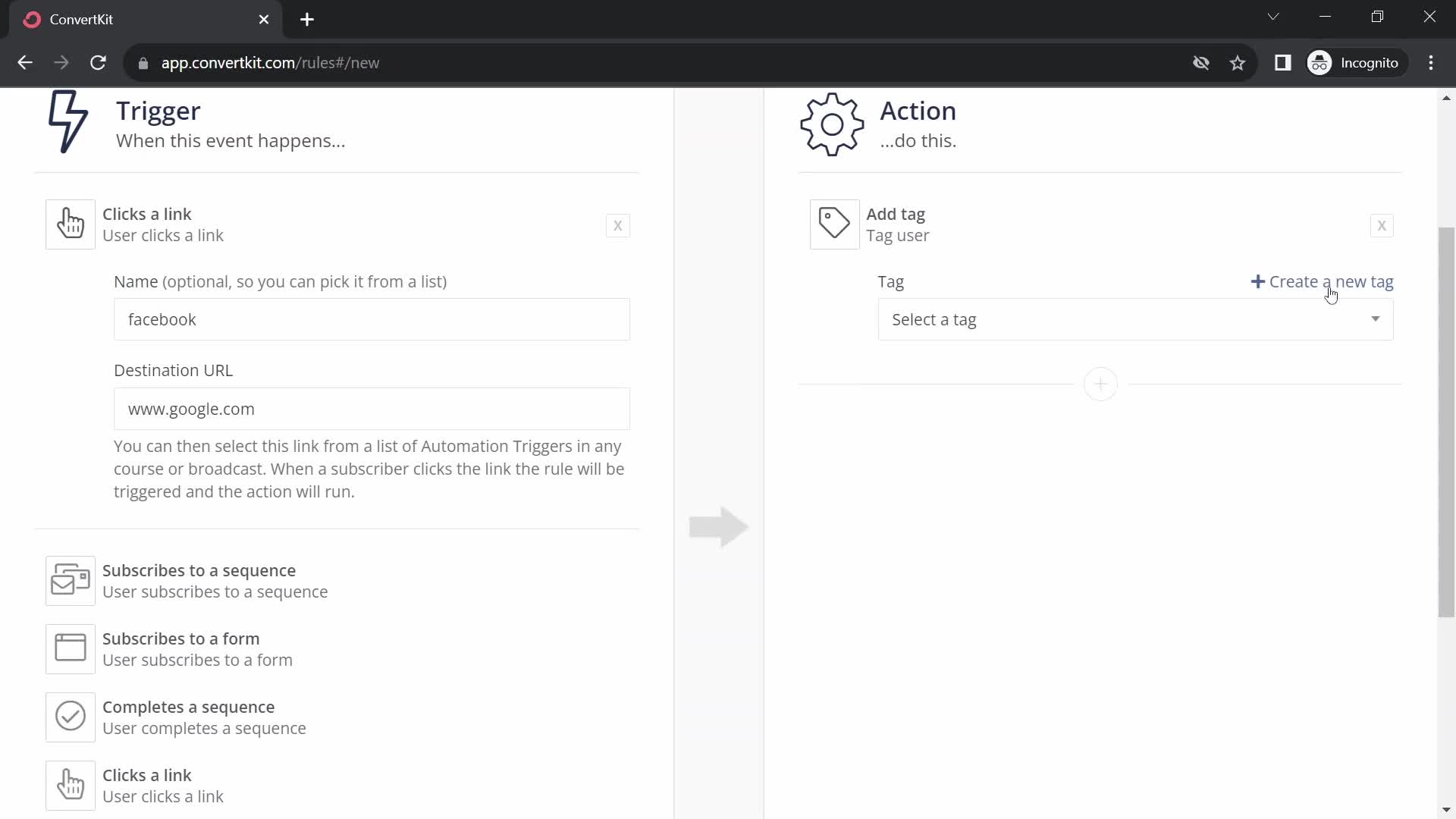 Creating an automation workflow screenshot