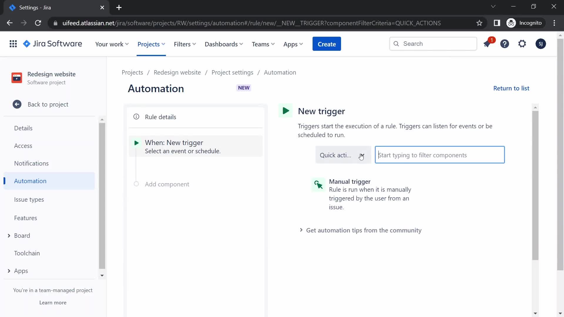 Creating an automation workflow screenshot