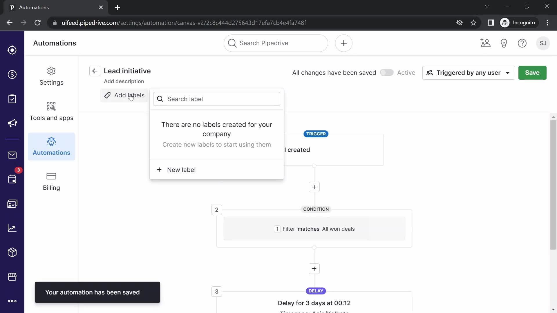 Creating an automation workflow screenshot