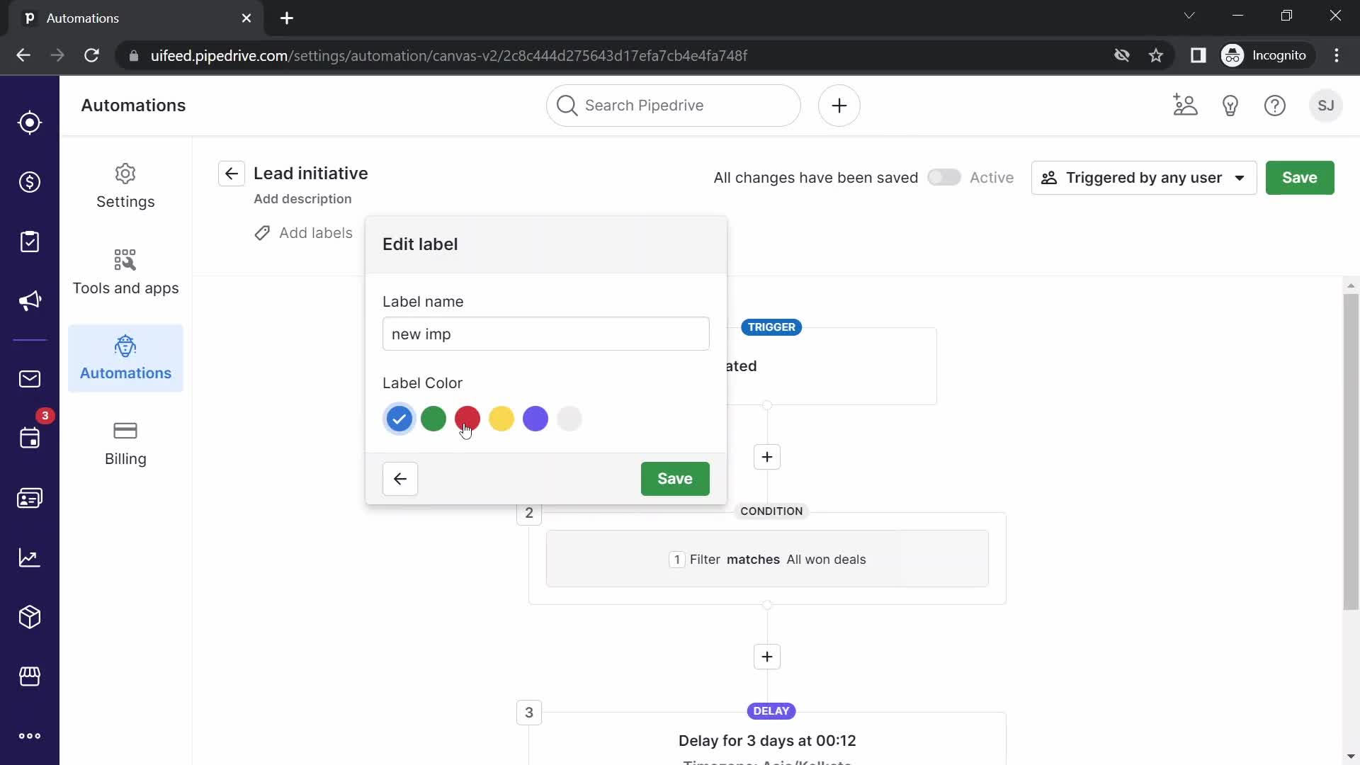 Creating an automation workflow screenshot