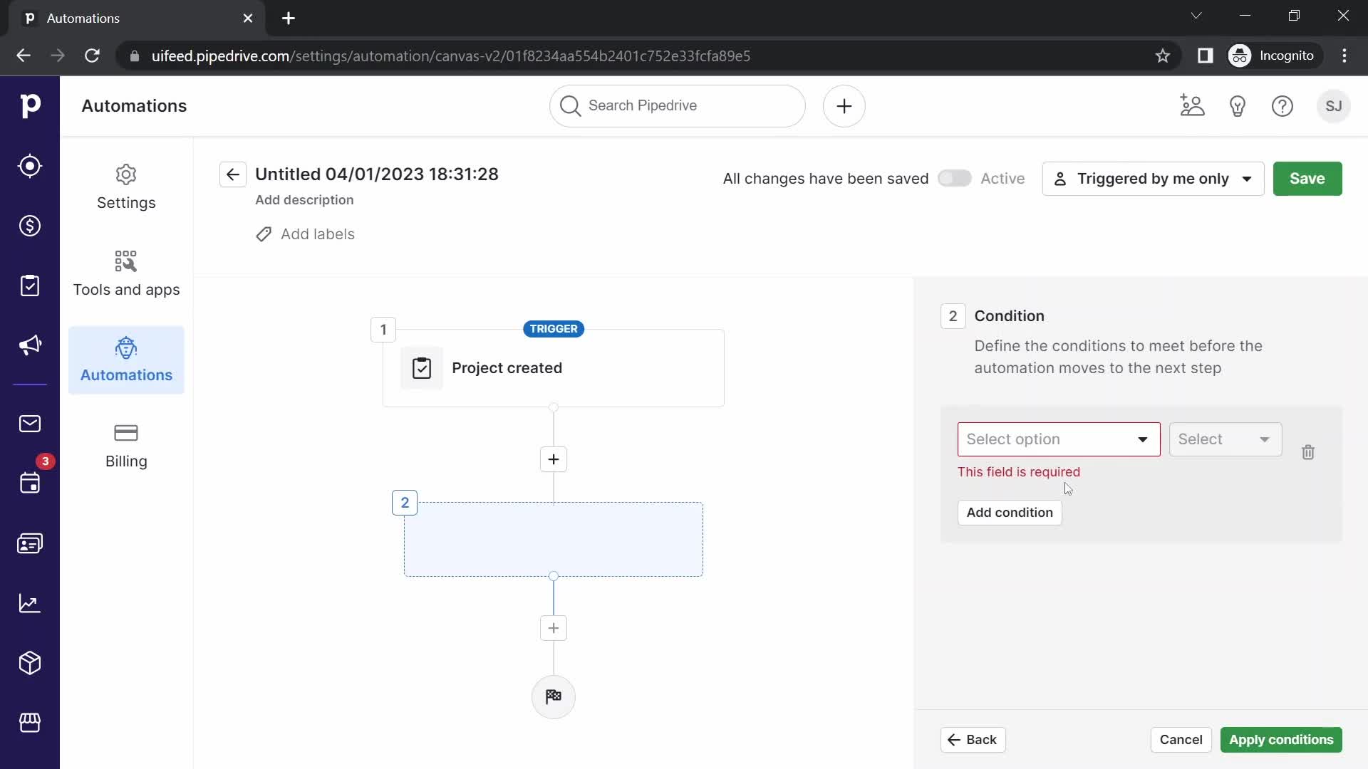 Creating an automation workflow screenshot