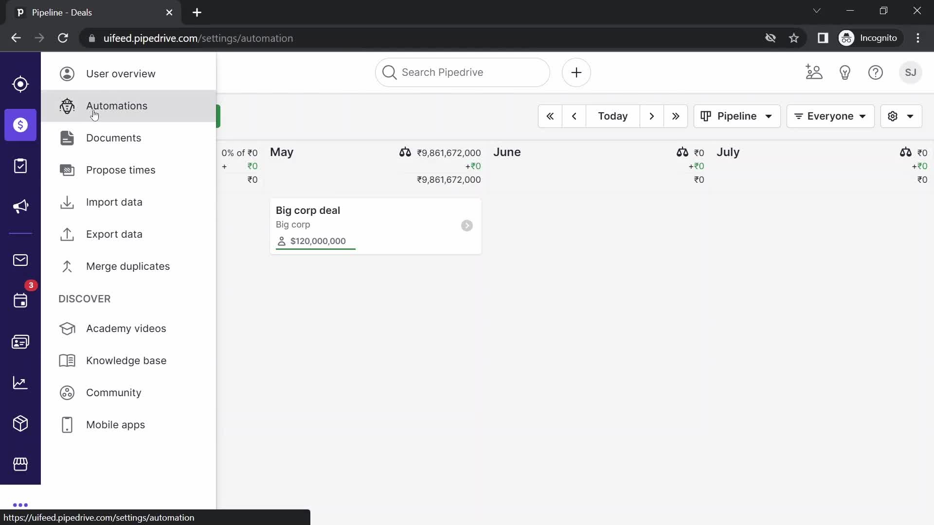 Screenshot of Navigation menu on Creating an automation workflow on Pipedrive user flow