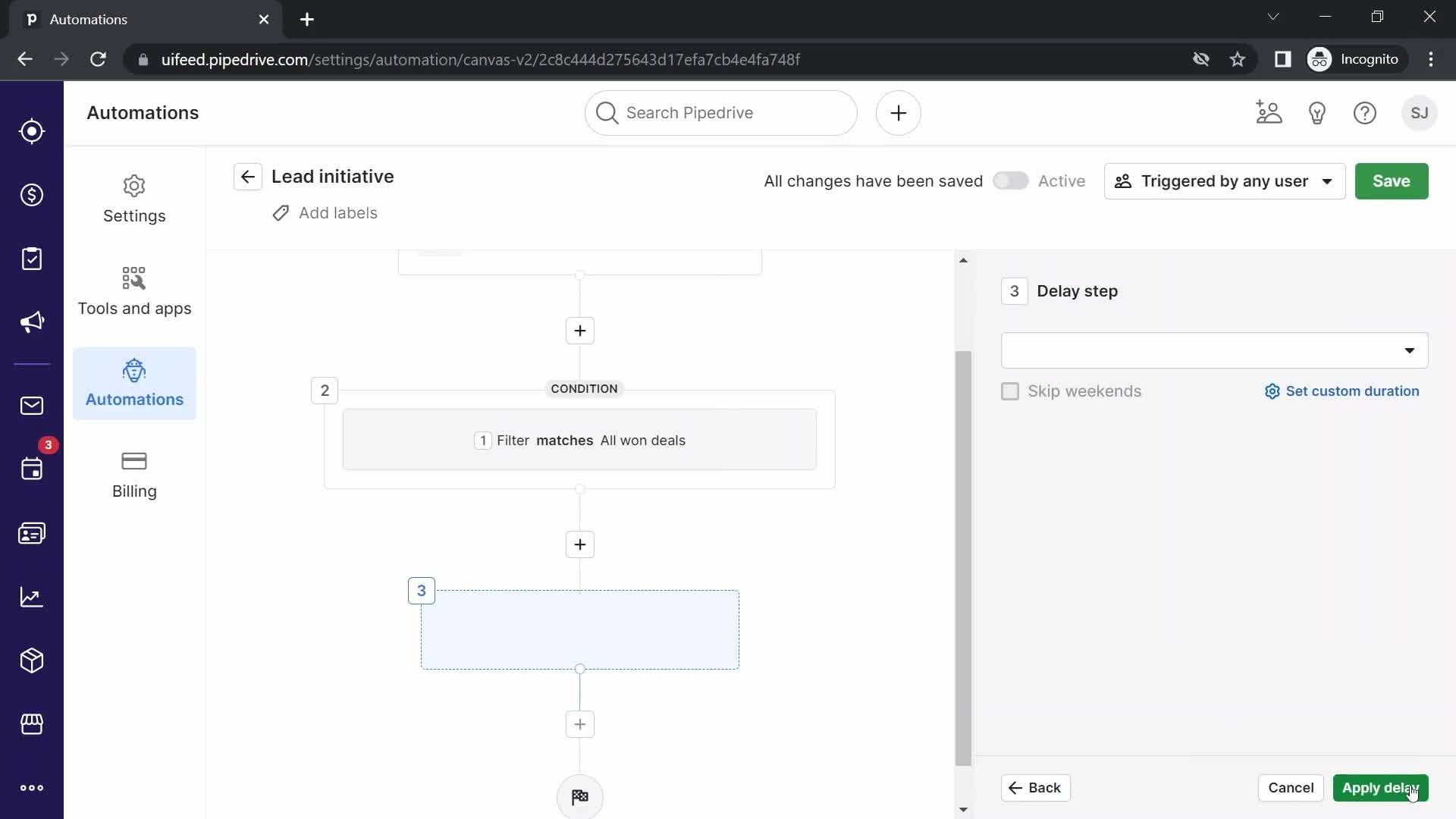 Creating an automation workflow screenshot