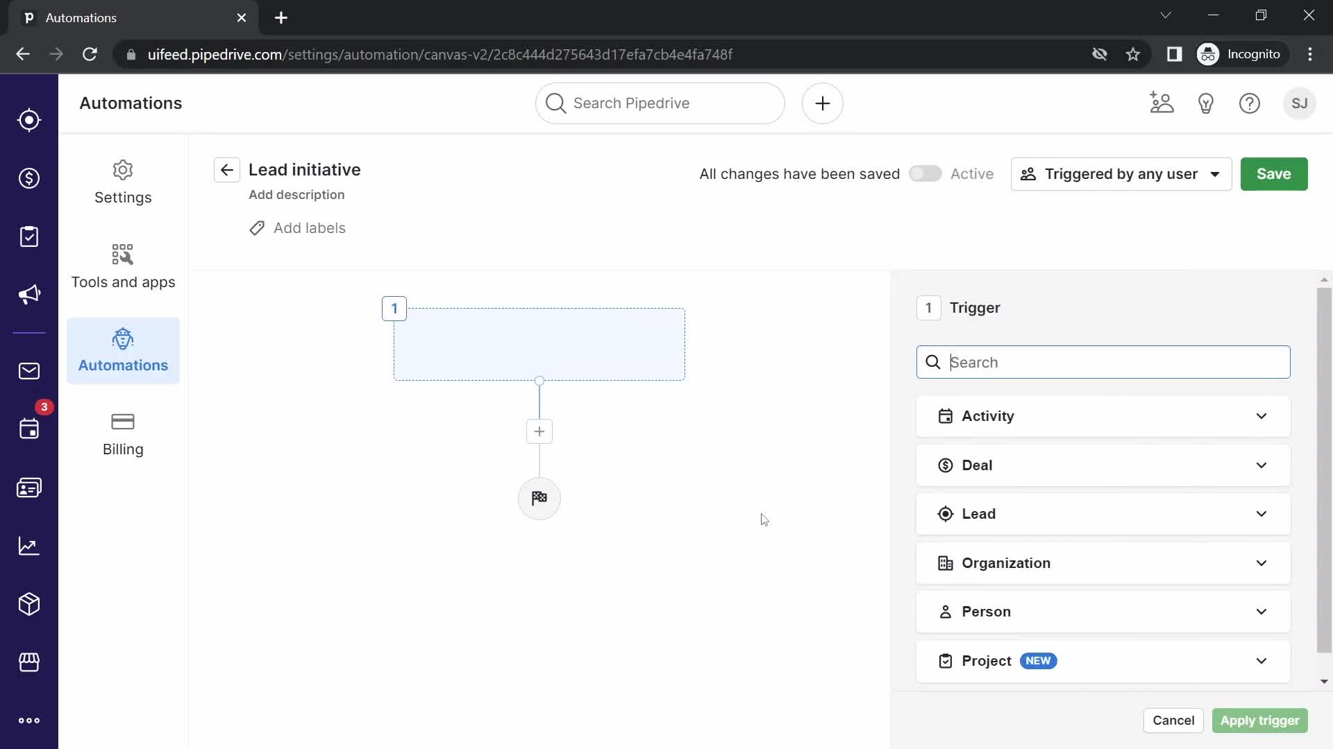 Creating an automation workflow screenshot