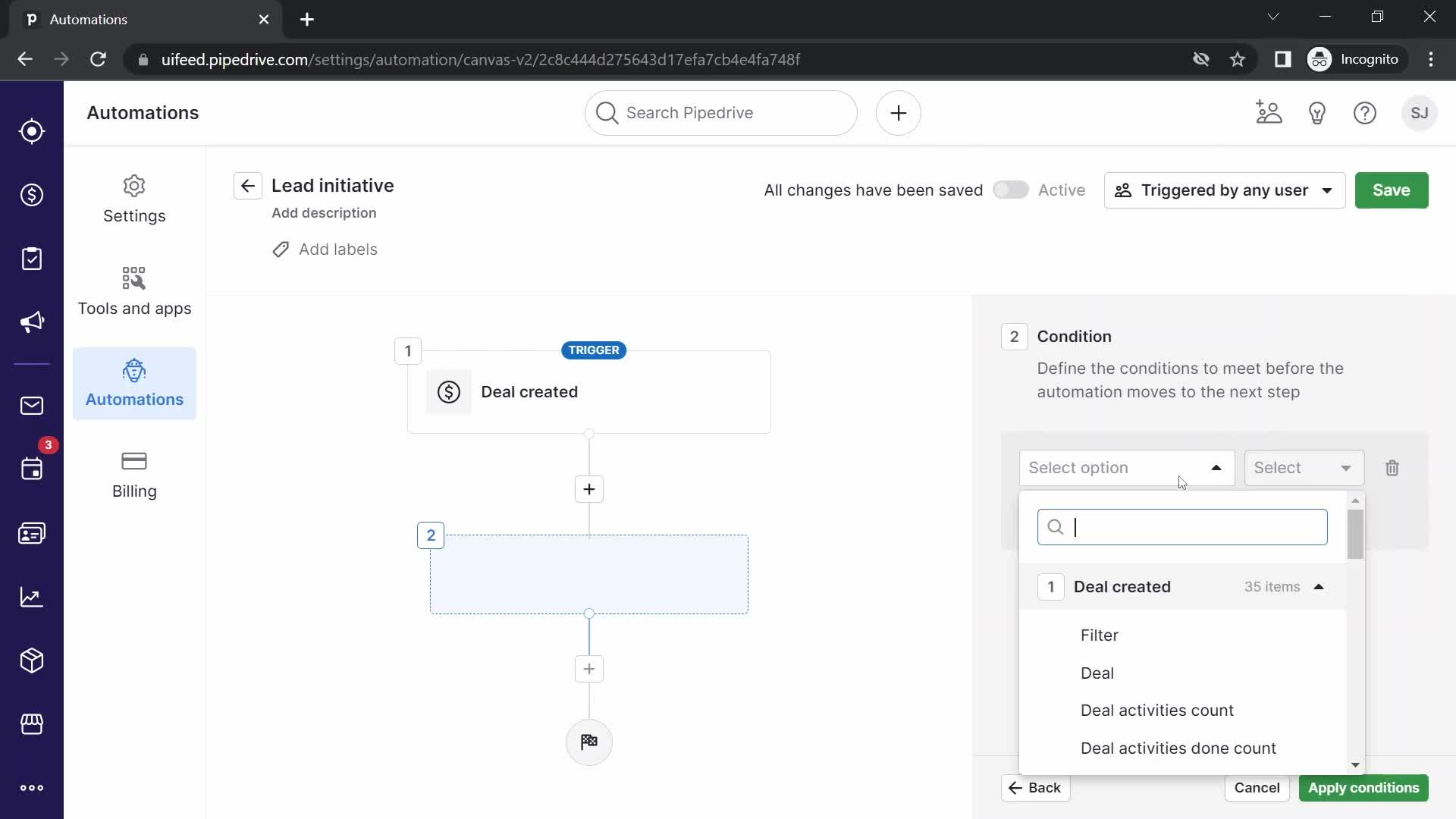 Creating an automation workflow screenshot