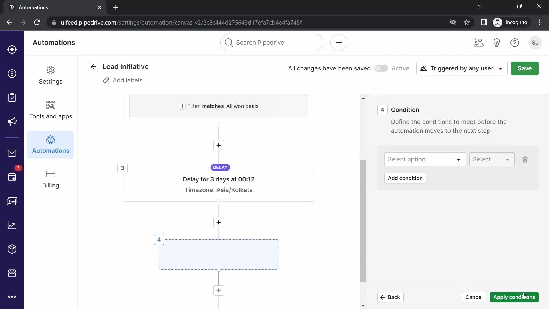 Creating an automation workflow screenshot