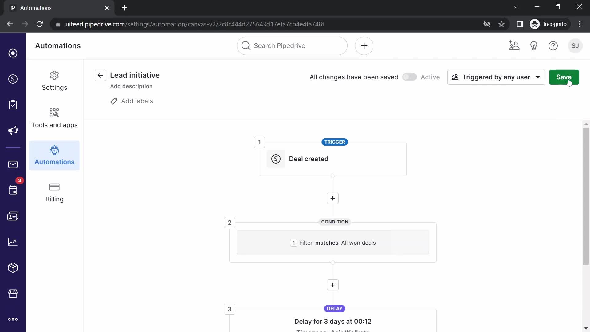 Creating an automation workflow screenshot