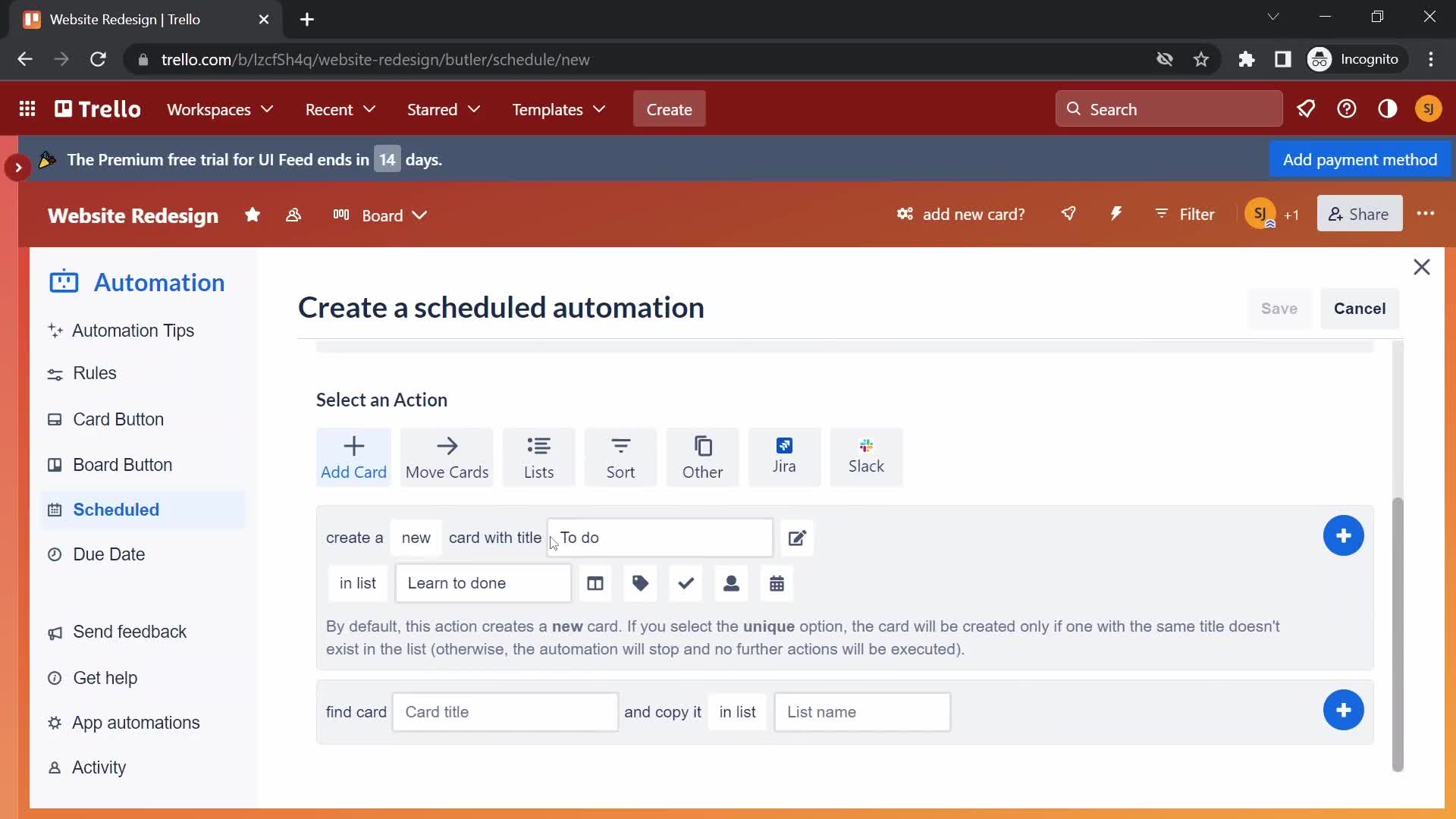 Creating an automation workflow screenshot