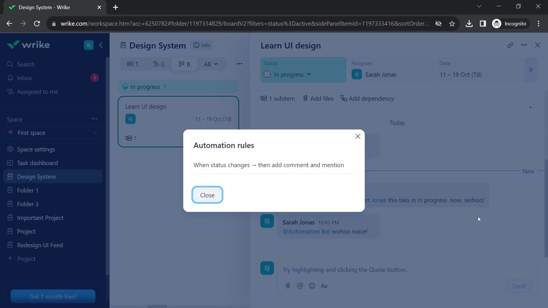 Screenshot of Automation rules on Creating an automation workflow on Wrike user flow